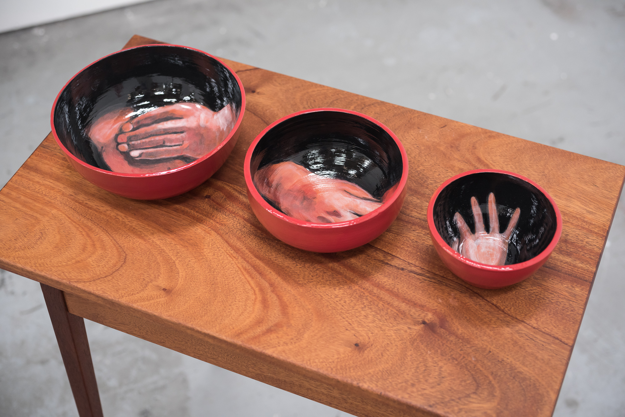 Fruit Bowls, 2018Glazed ceramic bowls, mahogany table