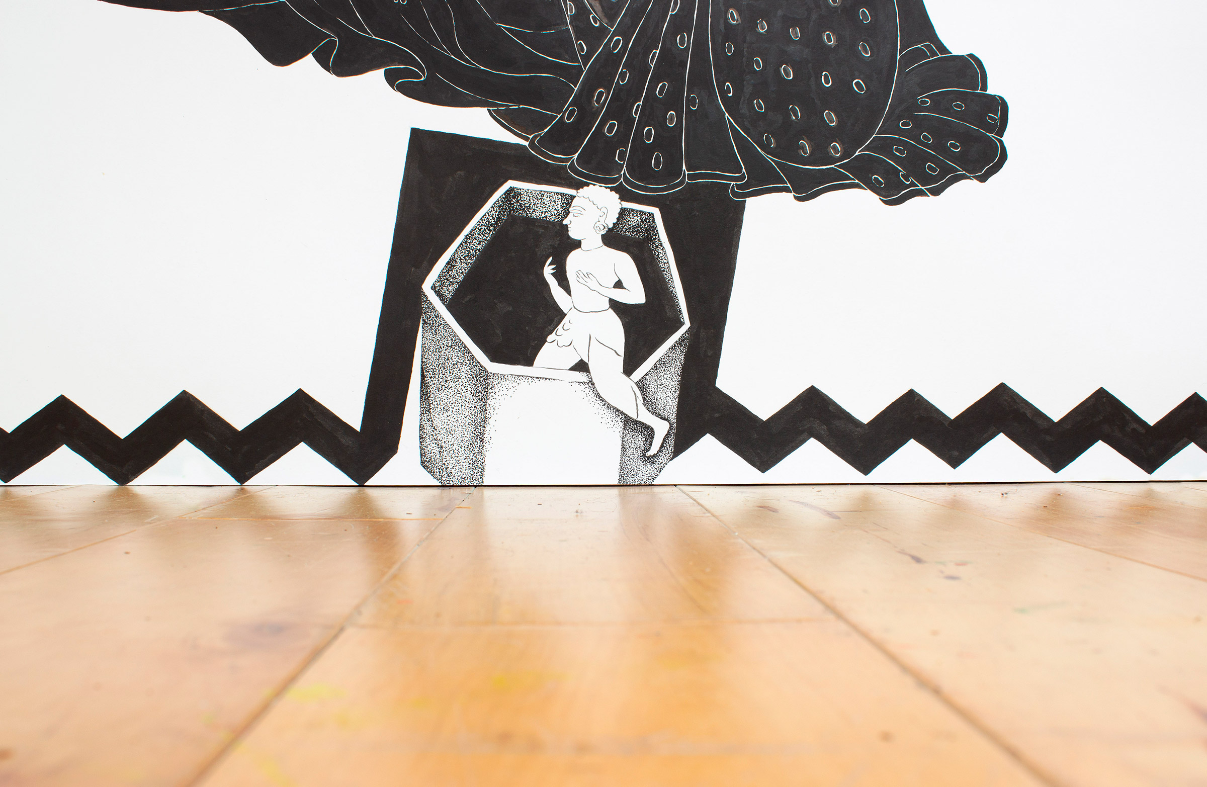 detail: Ink on paper, 150cm high by 270cm (5' by 9') 