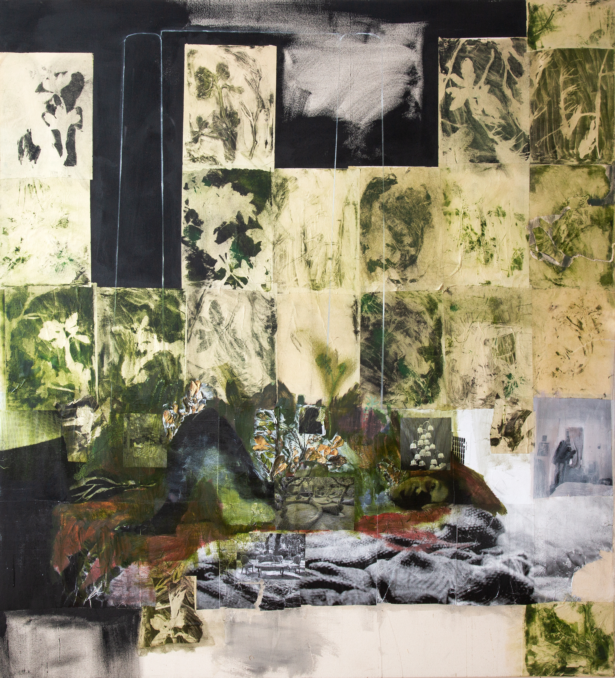 Lily of the Valley, 48” x 52” Oil, plant matter and Collage on Canvas