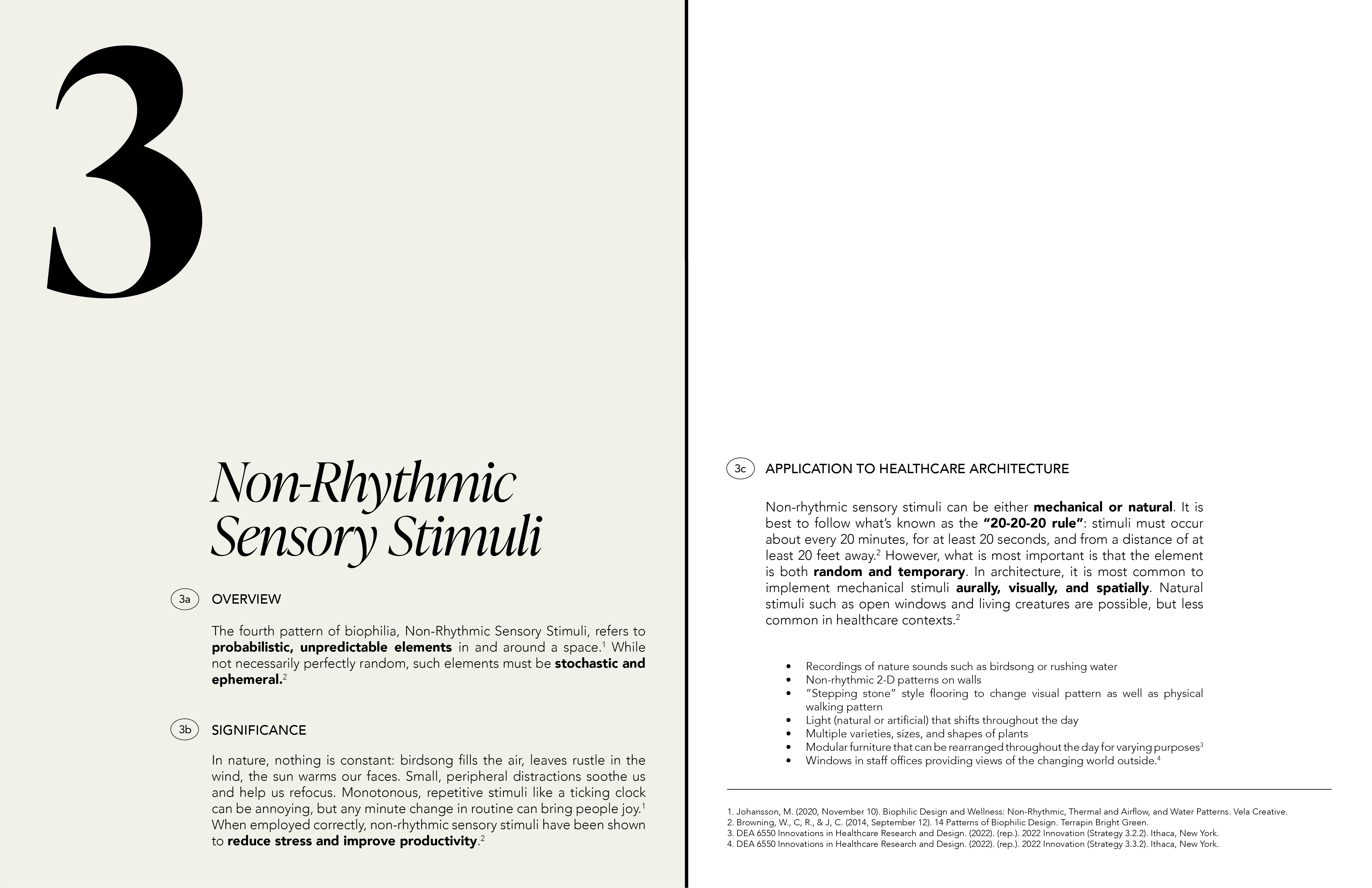 Selected spreads from a 54-page resource document on biophilic design principles for application in healthcare environments. This report was made by my sophomore year studio in collaboration with Weill Cornell Medicine. I was appointed lead graphic designer, independently generated the style guide, oversaw content generation and formatting, and assembled and designed the final document: Adobe InDesign, 2022 