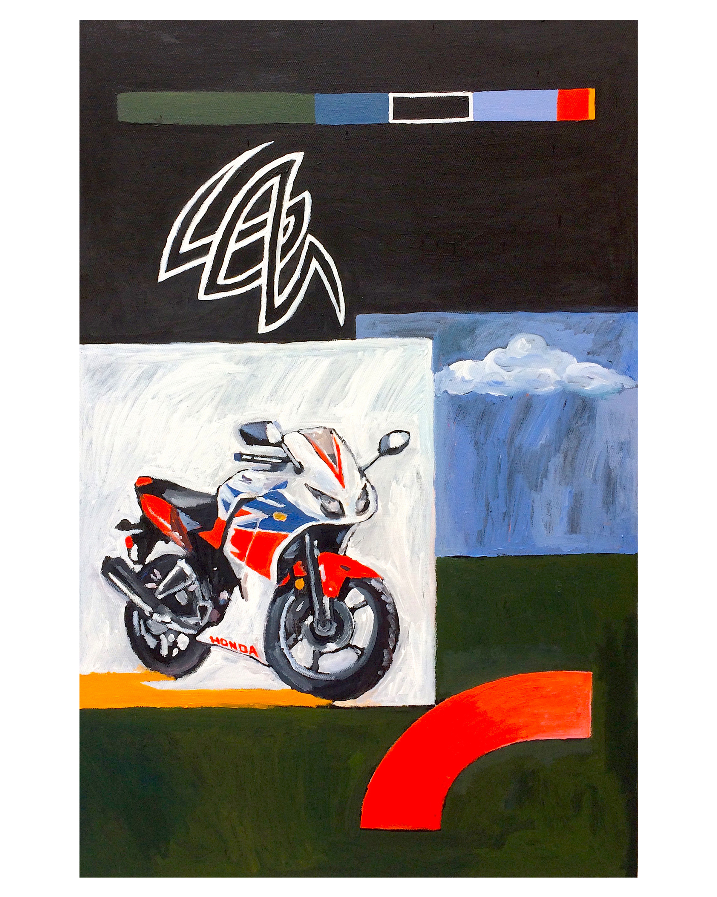 He Rides A Motorcycle, acrylic, 2' x 3'