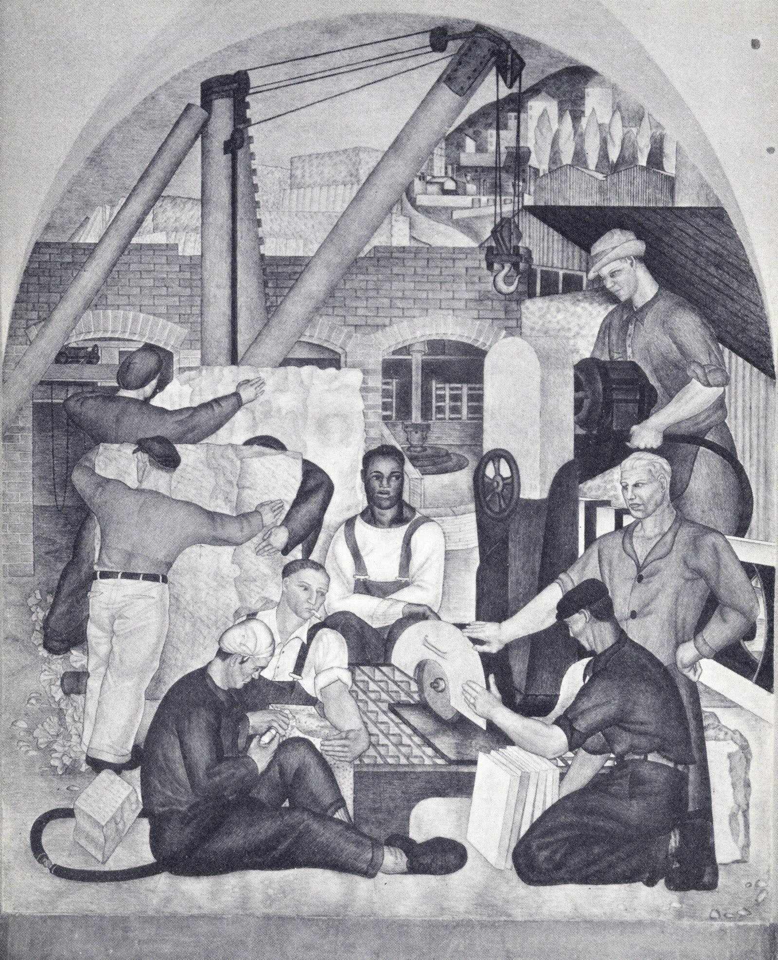 Frederick Olmsted (a grand nephew of the landscape architect) studied with Ralph Stackpole at the California School of Fine Arts and also completed a set of murals at the school: one in the library, and this one, completed in 1935 in what is now Still Lights Gallery. In 1934 Olmsted was part of the team of artists that worked on the WPA-funded murals in Coit Tower. Later, as a biophysicist at the Cleveland Clinic, he developed the prototype for the pacemaker.