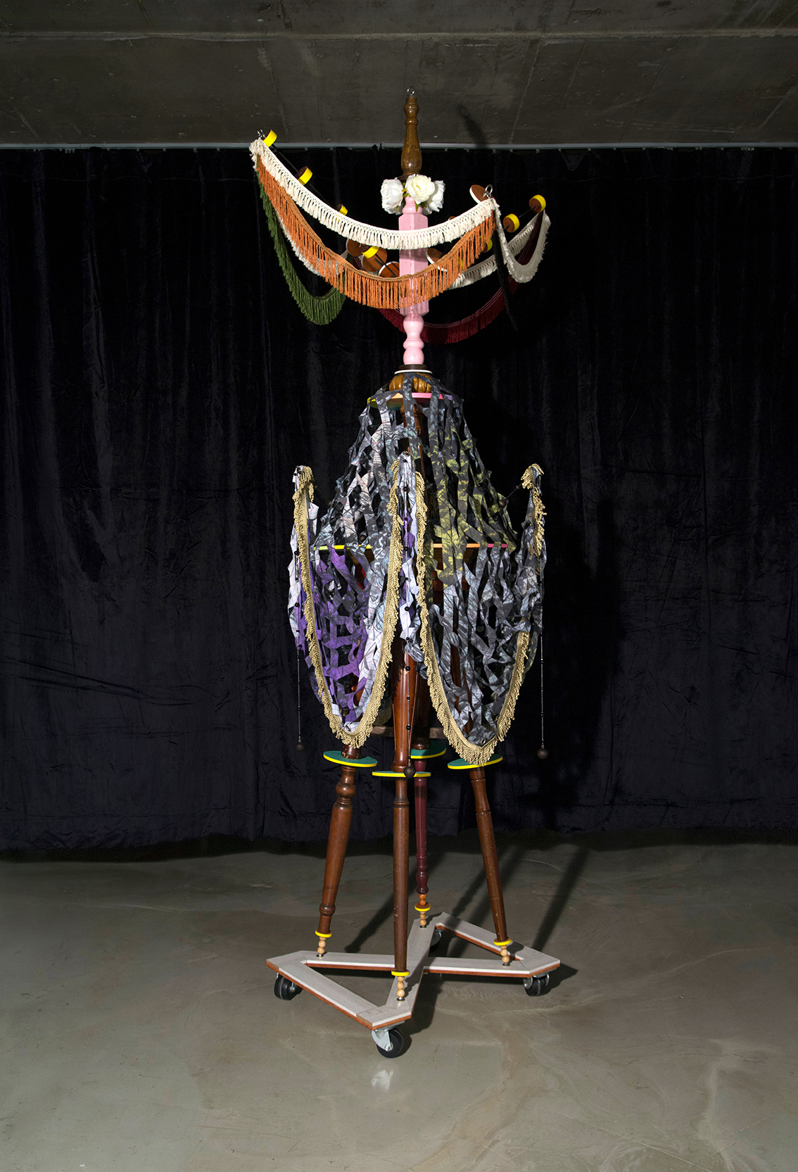 Skin_Layer / Collected objects, wood, marvel, pigment print on cotton, lace, artificial flower, wheel, bell, 115*92*230(H)cm, 2022