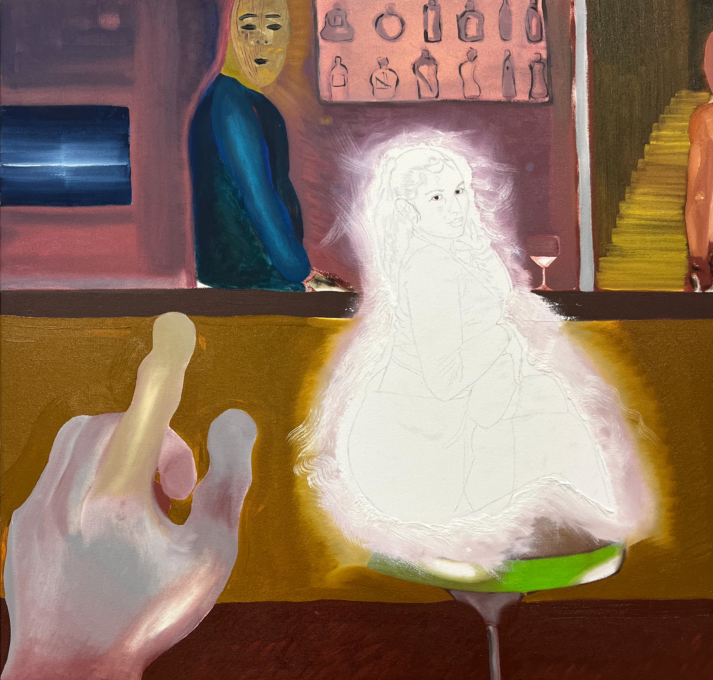 Sentient IG Android tele-transporting in bar, sector 45-UPz, ship 23419 docked at Lennox, oil on canvas, 2022.