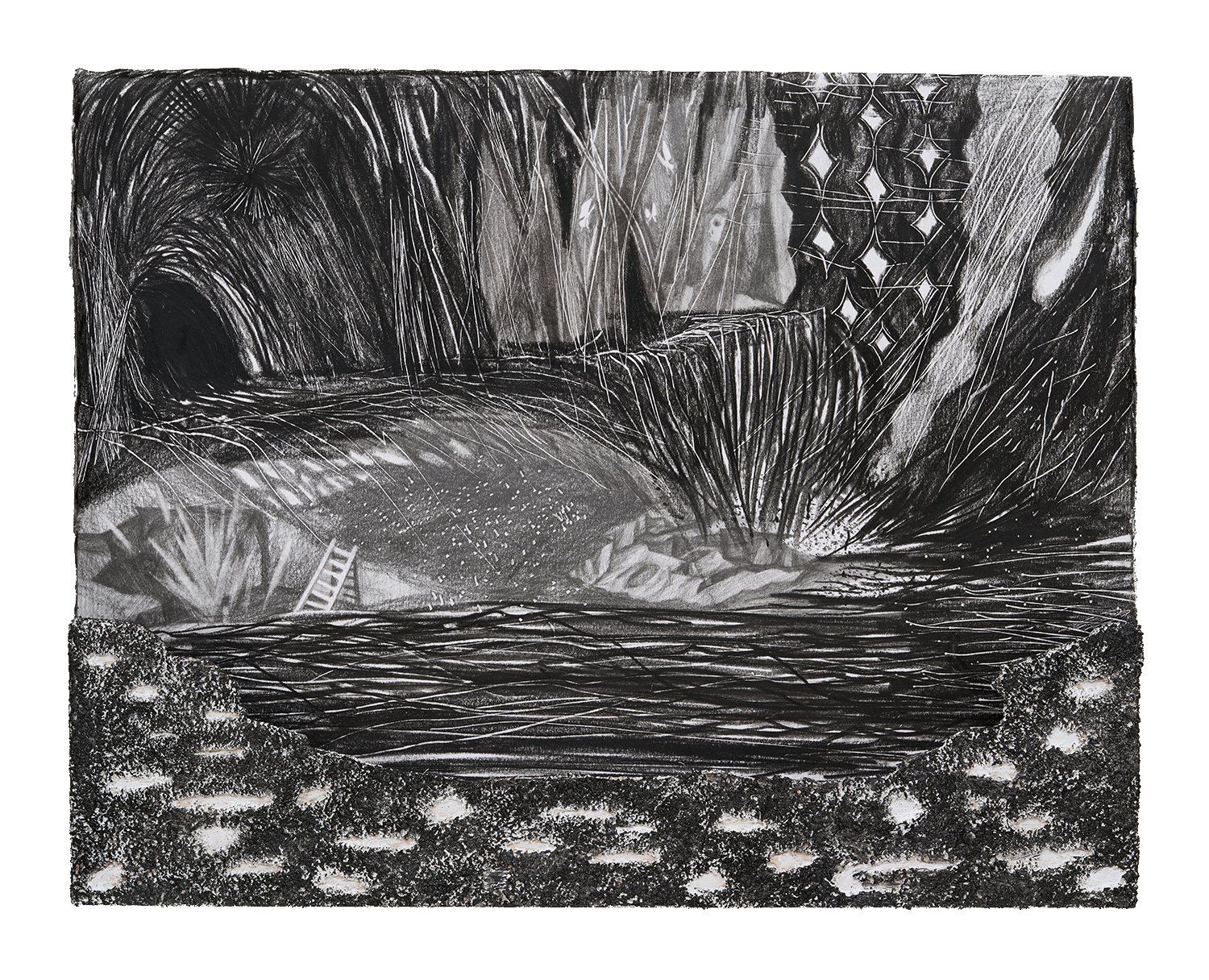 반만 잠긴 바위, 2022, 종이에 흑연, 혼합재료, 콜라주, 38x46cm