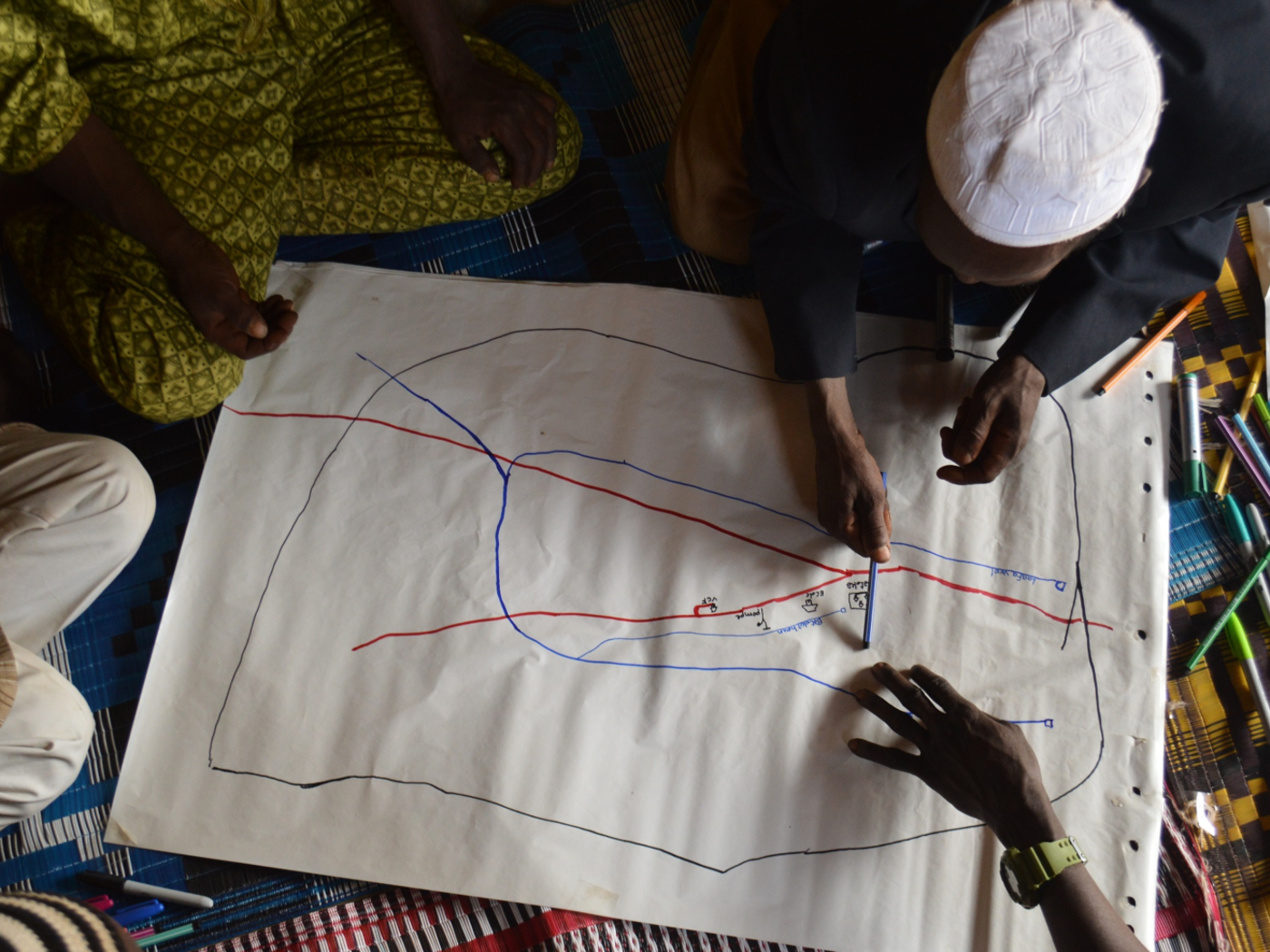 Dans un premier temps, les hommes du village ont fait leur carte seuls, de leur côté. L'idée était de représenter leur territoire selon leurs perceptions.