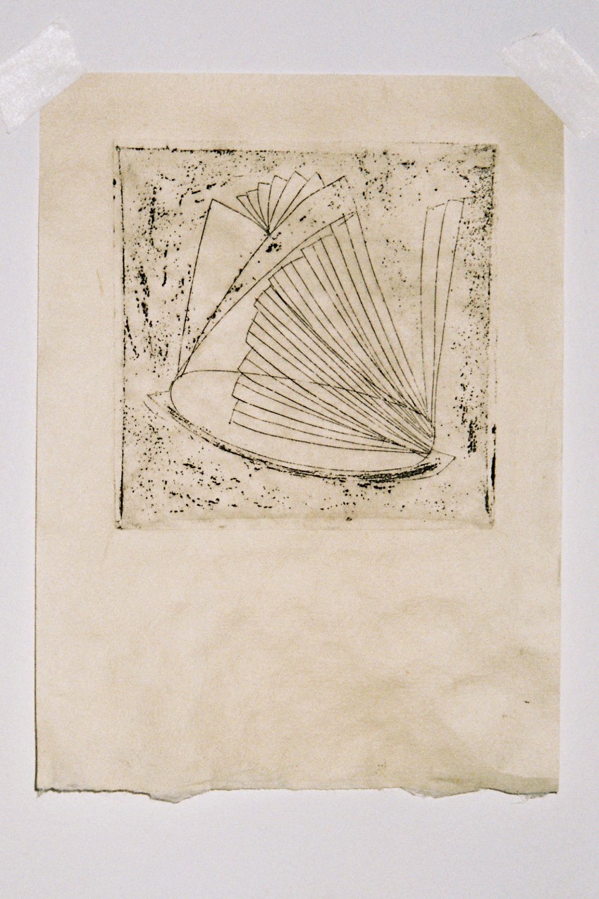 Fan (2019). Intaglio and etching on Kozo paper. Approx. 3 x 5 inches.