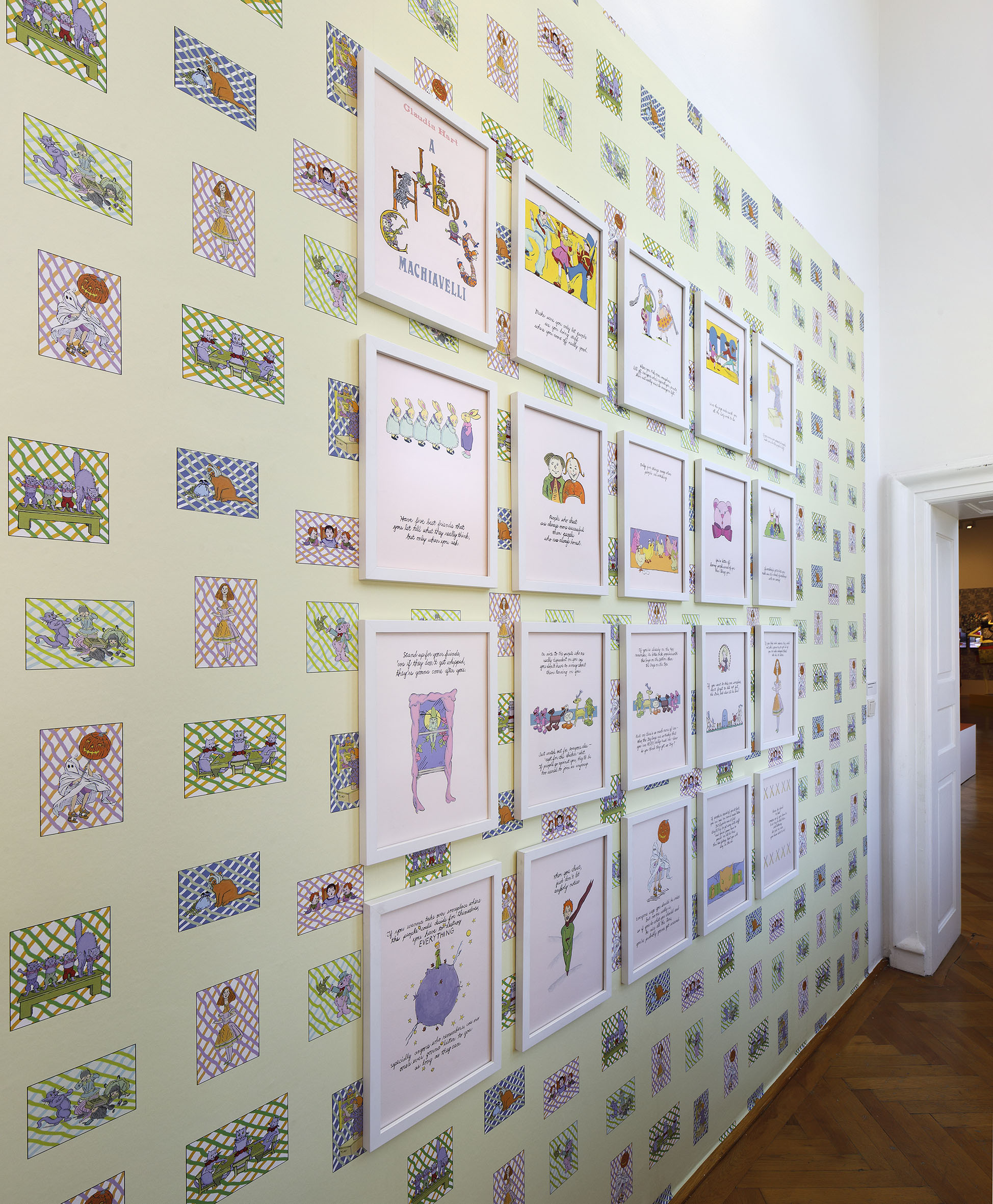 Machiavelli book illustrations (1995), gouache watercolor on rag paper, mounted on Machiavelli web based augmented reality-wallpaper using animated Flash animations (2010), written and performed  live by Claudia Hart.