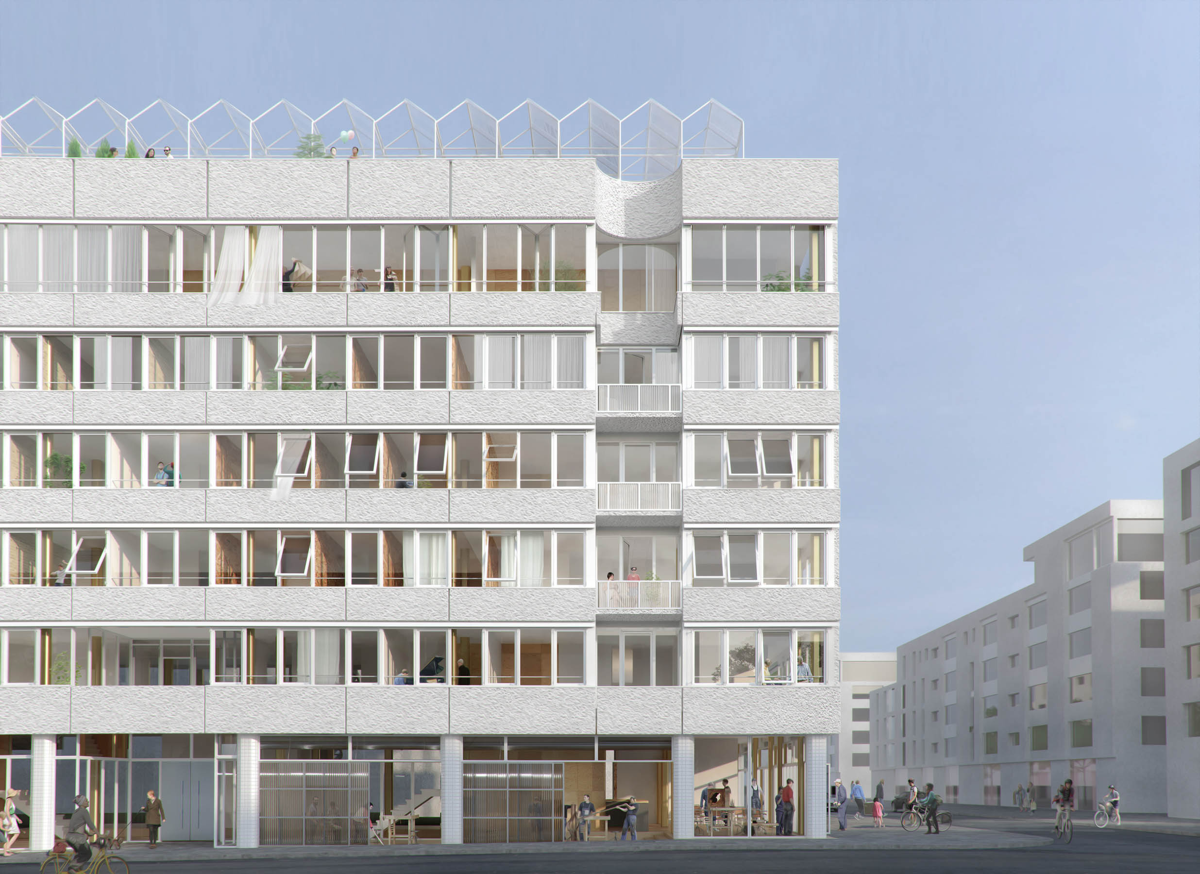 Visualization of the white plastered facade with rooftop solar panels and cooperative workspaces on the ground floor.