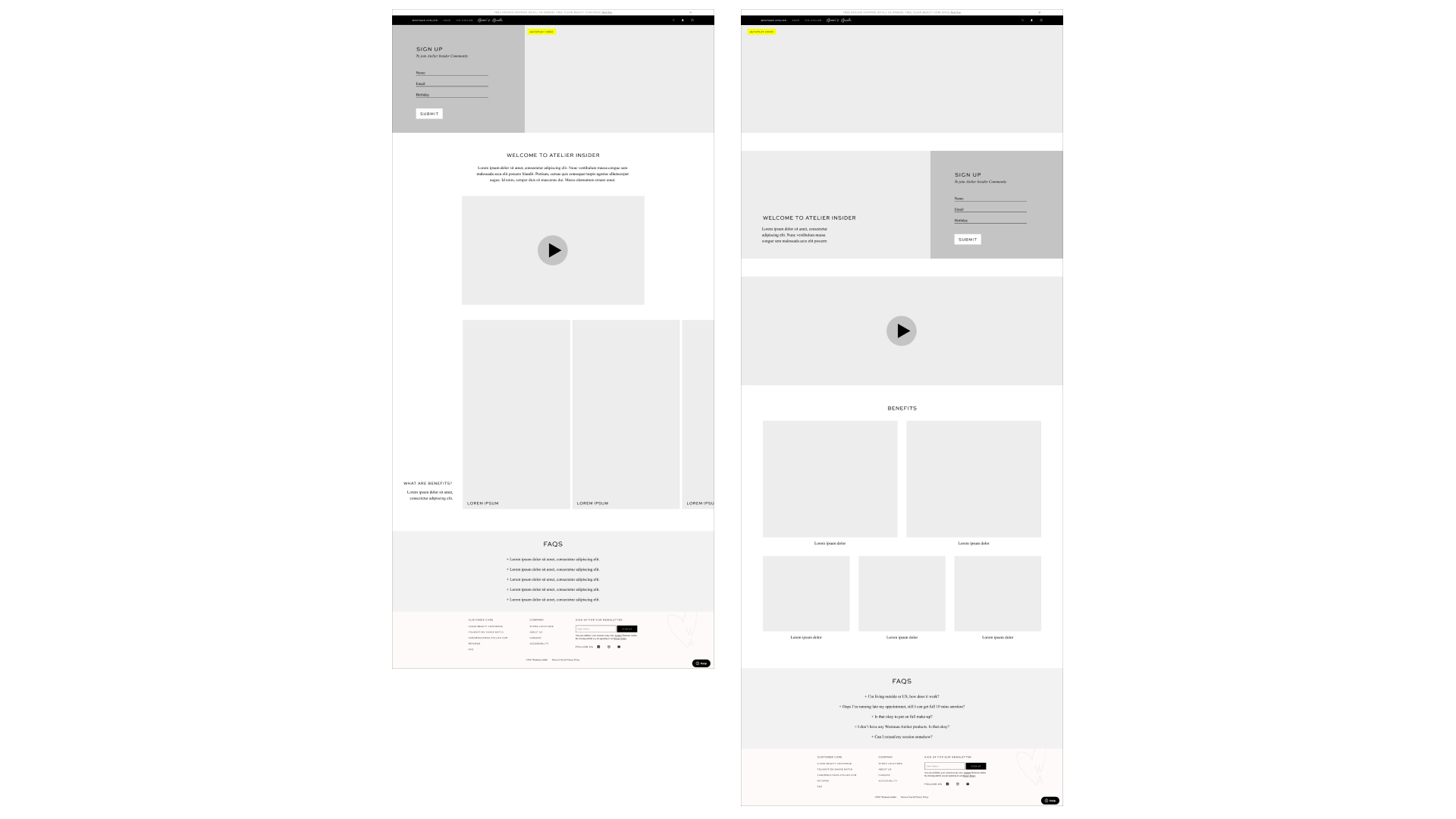 Wireframe for landing page