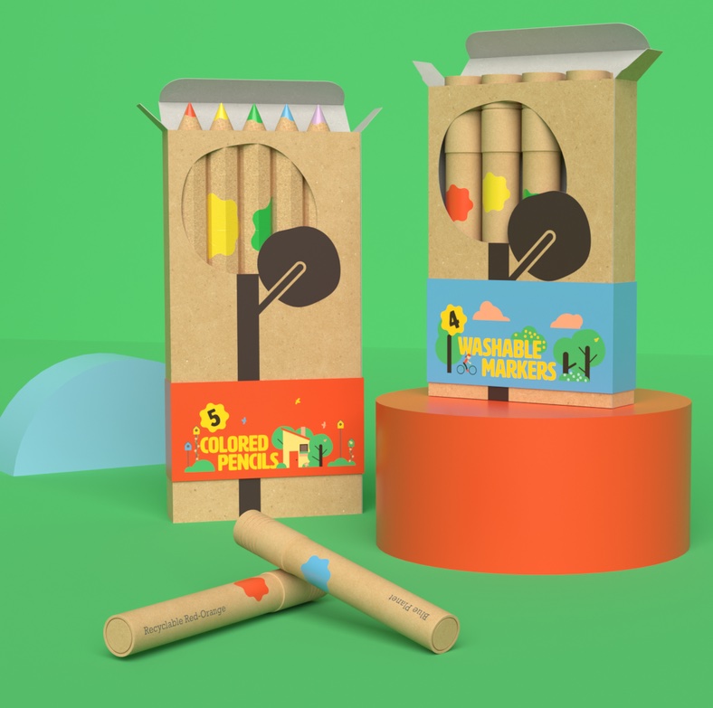 View of Low-Impact Life pencil and marker boxes and geometric shapes with two markers in the foreground