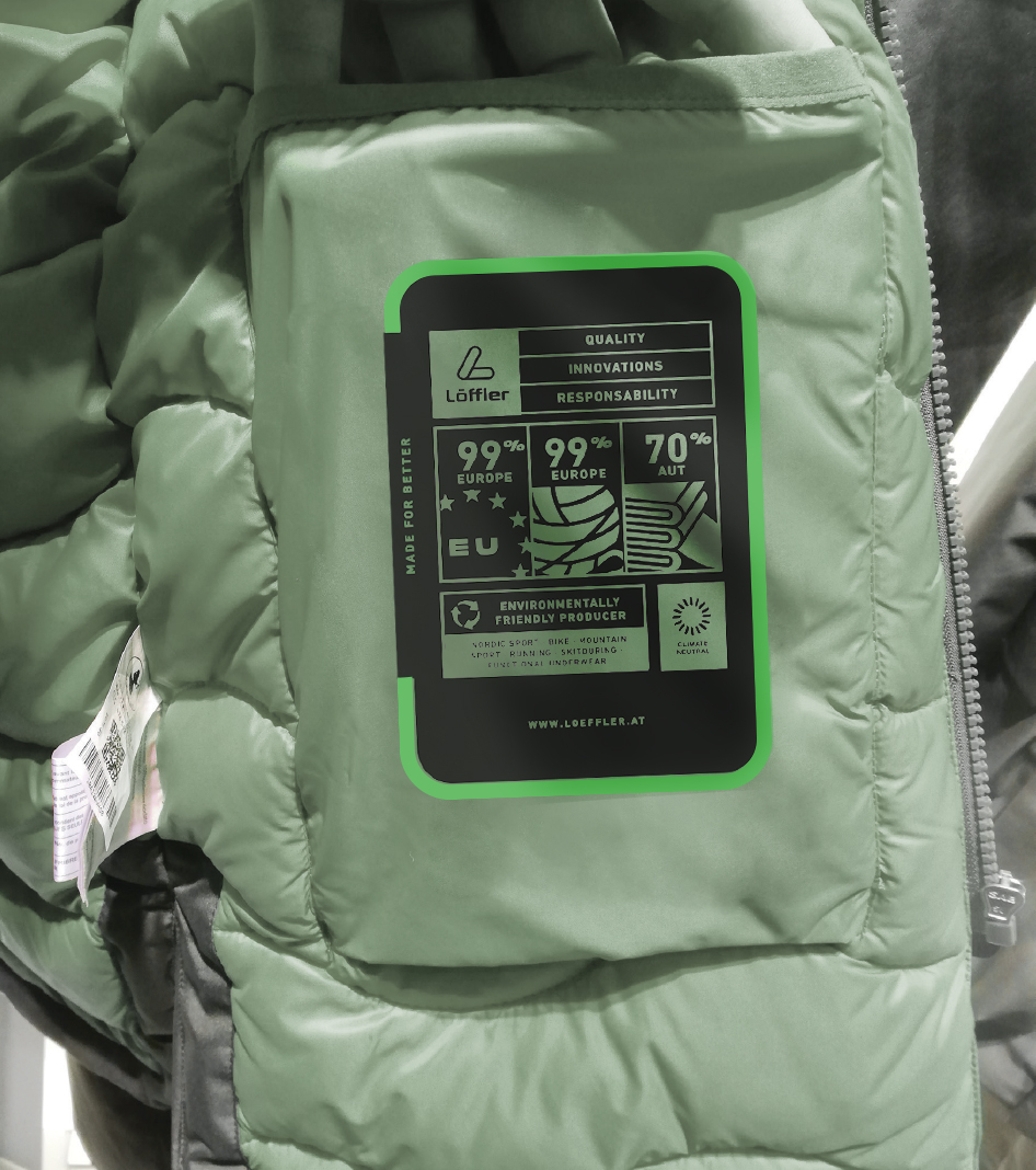 L&ouml;ffler internal jacket label highlighting eco-friendly production