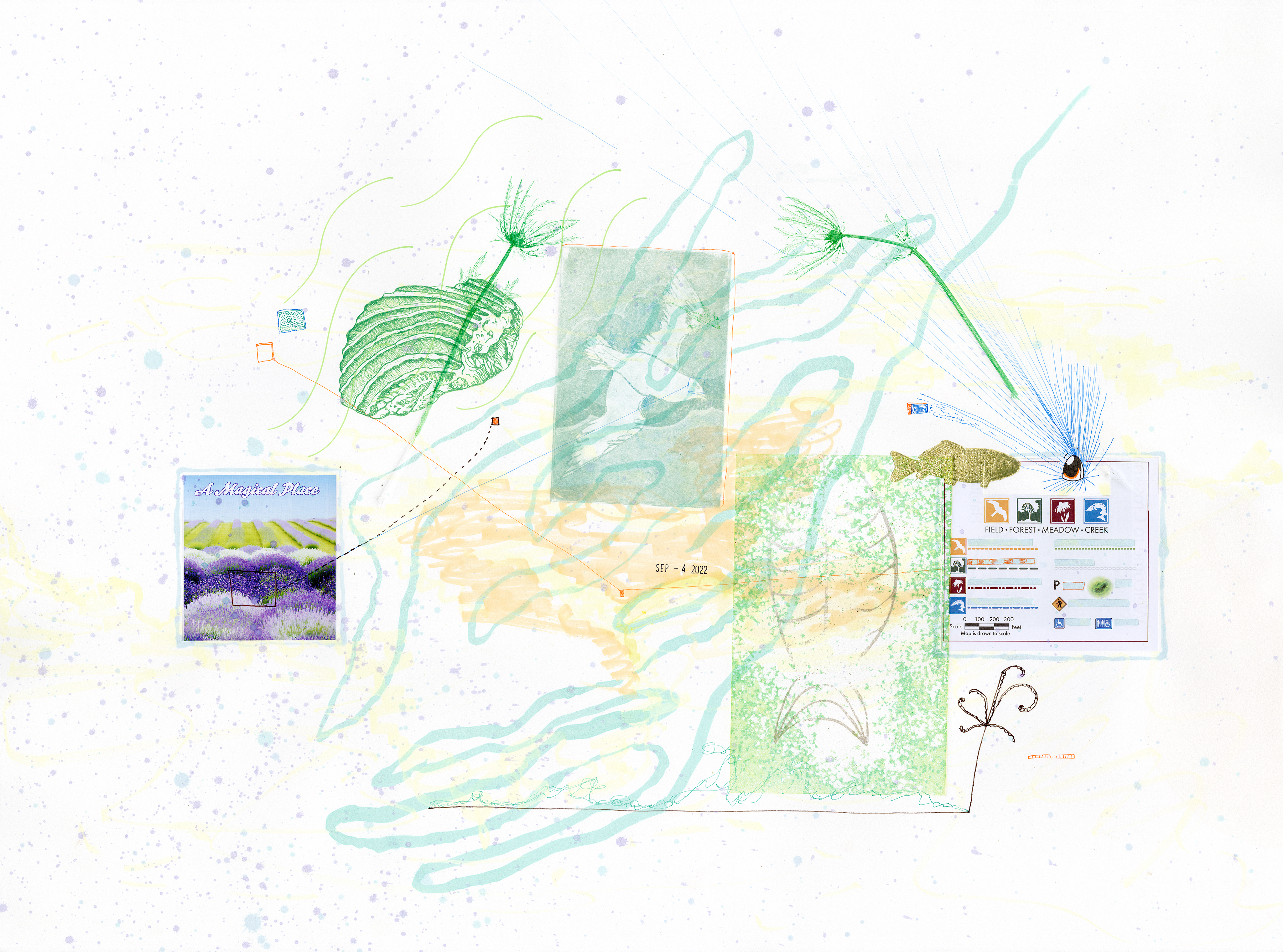 Drawing 22/56 from 56 days at the Dome House 22.5 x 30 inches, ink, Chine-collé, etching and stamps on Arches 88 paper- BUY