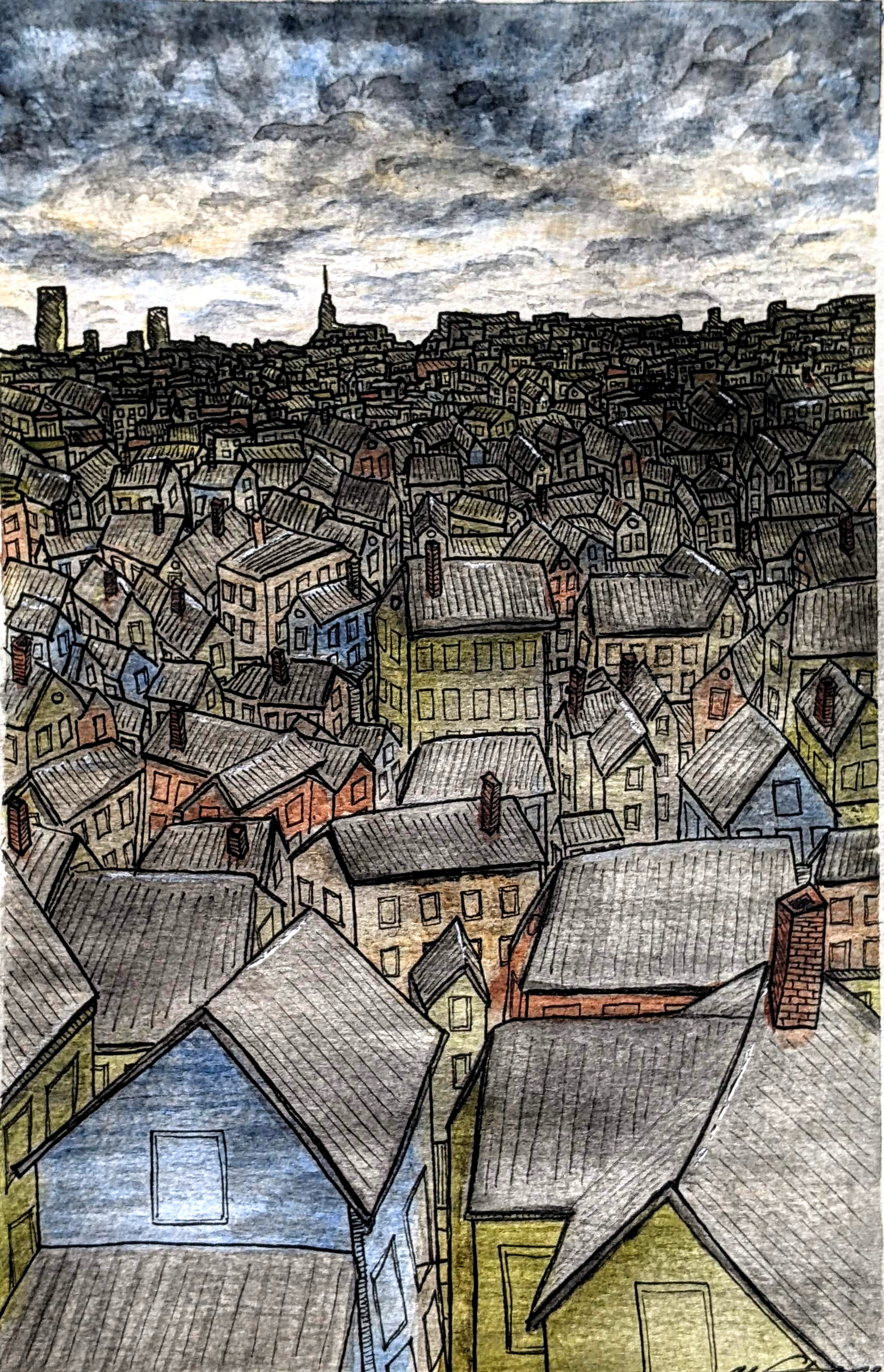 Somberville, Somerville, Watercolor, Pen