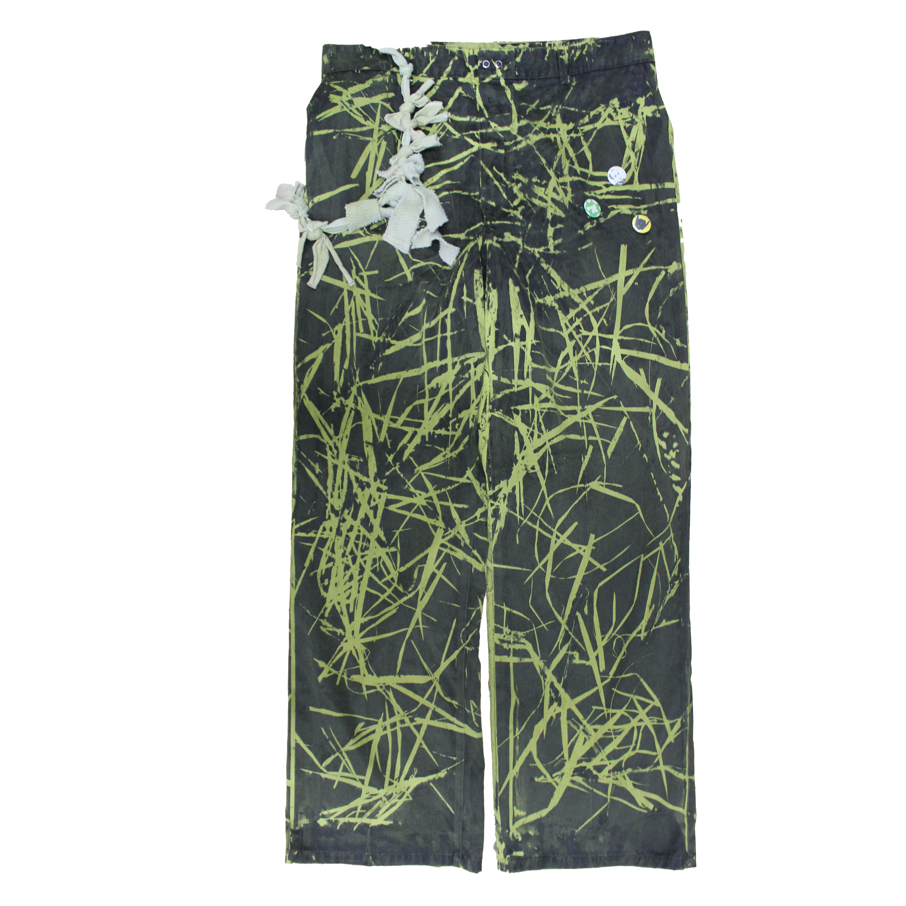 reclaimed vintage surplus denim screen printed with textile dye & grass resist. tailored for straight/wide fit. fitted with custom keychain, scrap chain, and leather patches