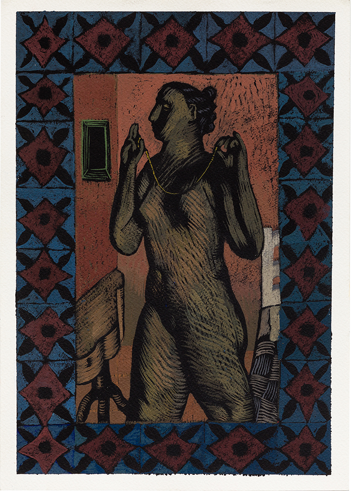 "Mulher pendurando colar", 2022, têmpera a ovo sobre papel Arches [egg tempera on Arches paper]