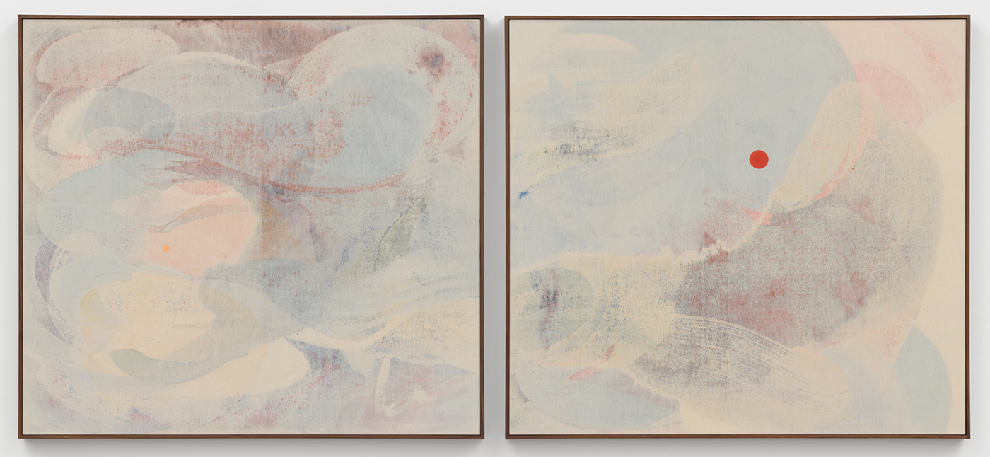 Verso I-II, 2025 Acrylic on canvas Installed 40&rdquo; x 90&rdquo; Each panel 40&rdquo; x 44&rdquo;