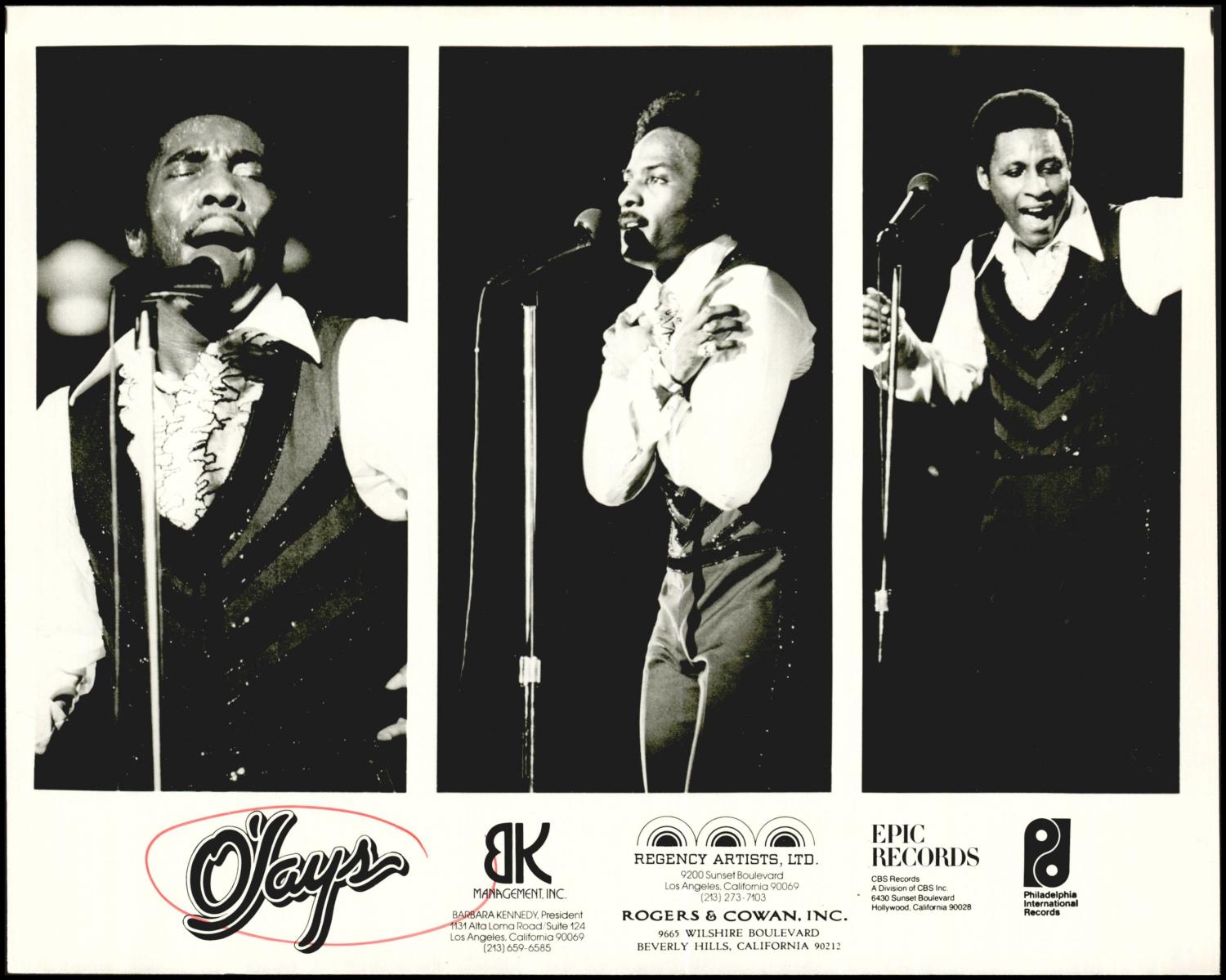 Image: A Publicity flyer of The O'Jays, performers of the 1972 hit single "Love Train," written by Kenny Gamble and Leon Huff, date unknown. The flyer shows three portraits of each singer, performing on stage. Under the photos is an O’Jays logo, as well as logos for BK Management, Regency Artists LTD, Rogers & Cowan Inc., Epic Records, and Philadelphia International Records. Oklahoma Publishing Company Photography collection, Oklahoma Historical Society. Photographer: Unknown.