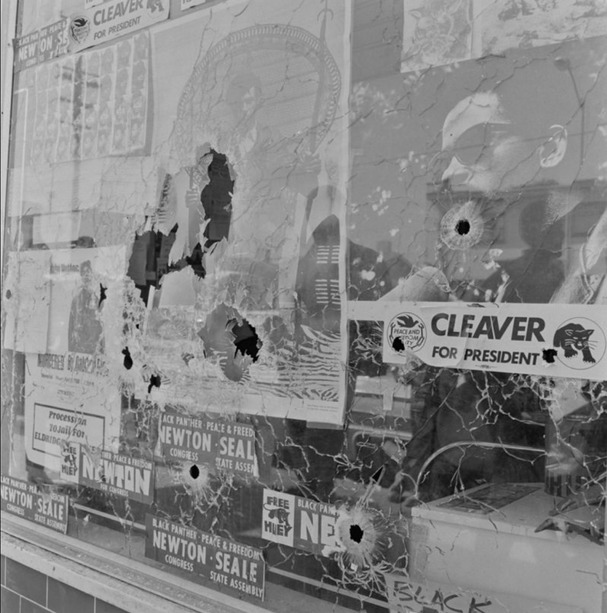Pirkle Jones: Plate glass window of the Black Panther Party National Headquarters, the morning it was shattered by the bullets of two Oakland policemen, number 80 from the series A Photo Essay on the Black Panthers, September 10, 1968 (printed 2010); gelatin silver print; 14 1/4 × 14 in.; BAMPFA, gift of the Pirkle Jones Foundation.