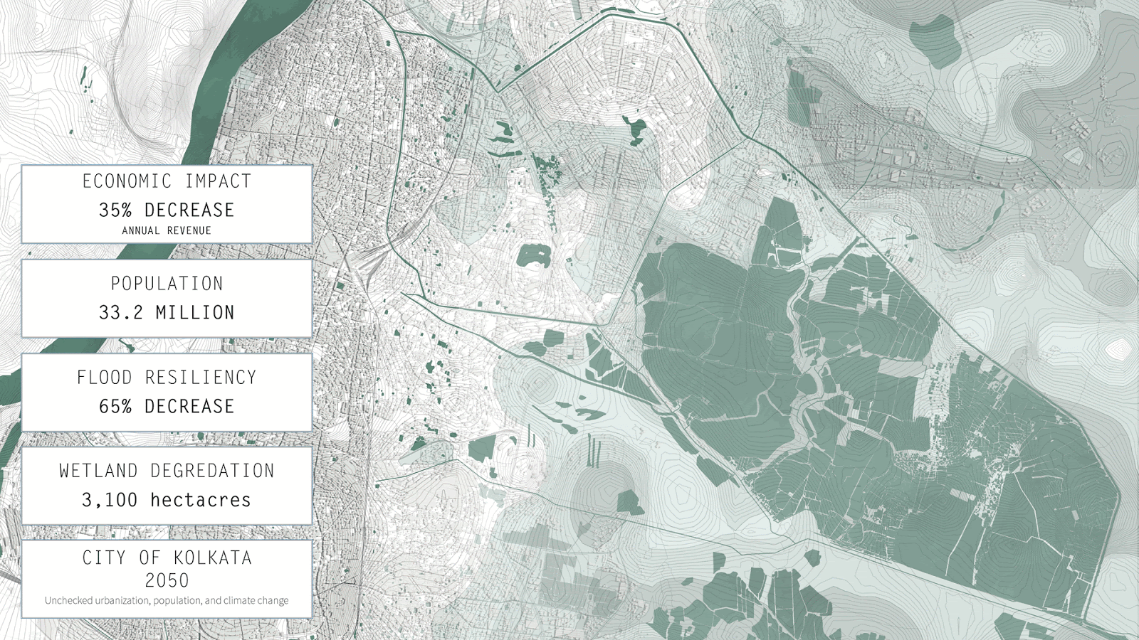 Fig 15.  Another graphic from Columbia’s GSAPP “Water Urbanism Kolkata” studio shows the existing and projected wetland property loss in the East Kolkata Wetlands: Shrinking Wetlands: Impact of Ecological Loss, RE[DE]FINING MONUMENTALITY From Colonial Resistance to Ecological Justice, Chris Chiou, Grace Ng, Mario Ulloa, Kristen Reardon.