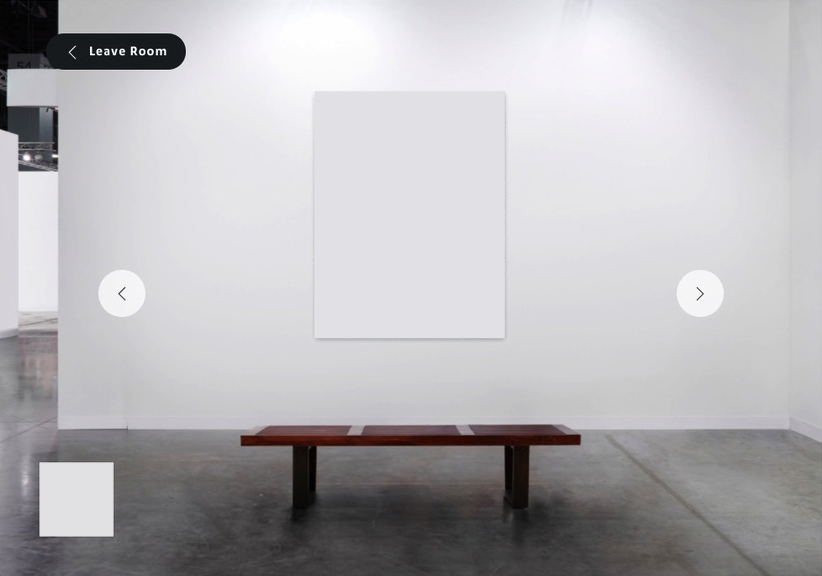 A desktop screenshot of a brown wooden bench placed in front of a white painting hanging on a white wall. On the top left corner, a button reads “Leave Room” and two arrows on each side indicate the ability to move around the virtual space.