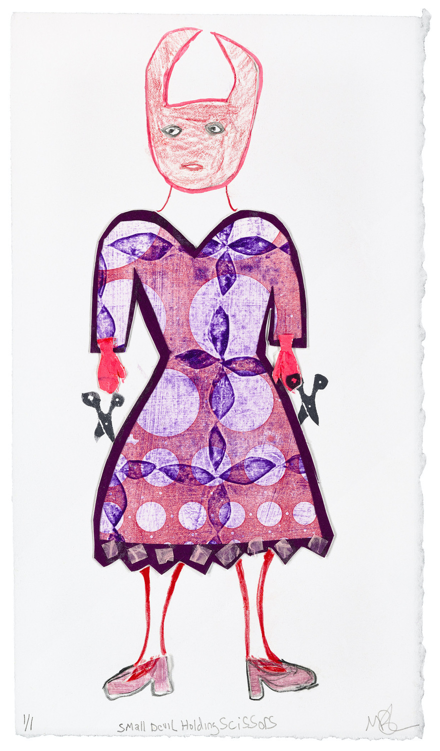 Magda Baker, Small Devil Holding Scissors, 2021, Collagraph, monotype, stamp, watercolor, colored pencil, collage, 13.5 x 8 in. (image size) $380 (framed)