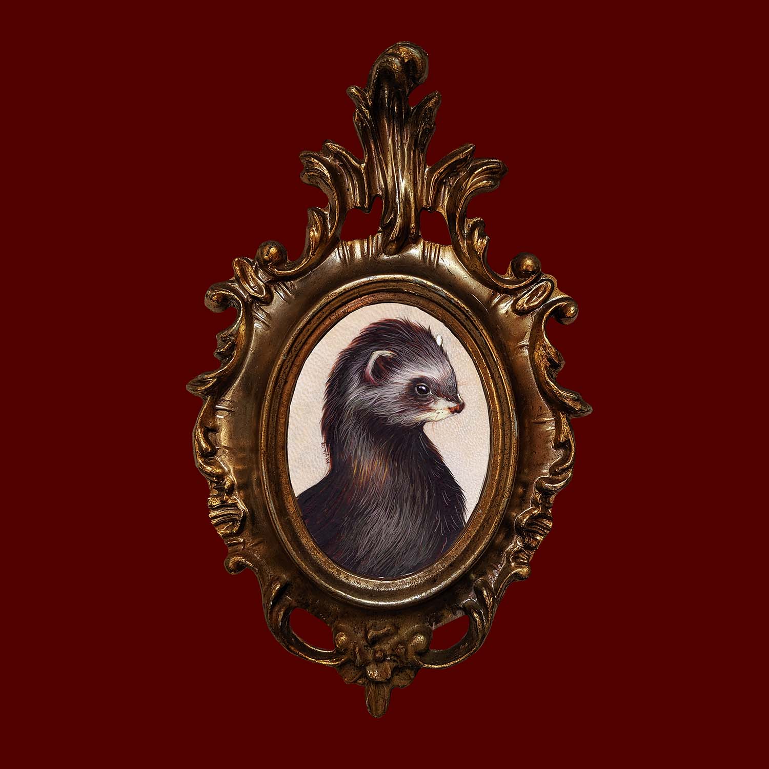 Last Common Ancestor: Mustela putorius Watercolor and Gouache on Calfskin VellumMounted on Vintage Library Catalog Card7"x4.5"2019