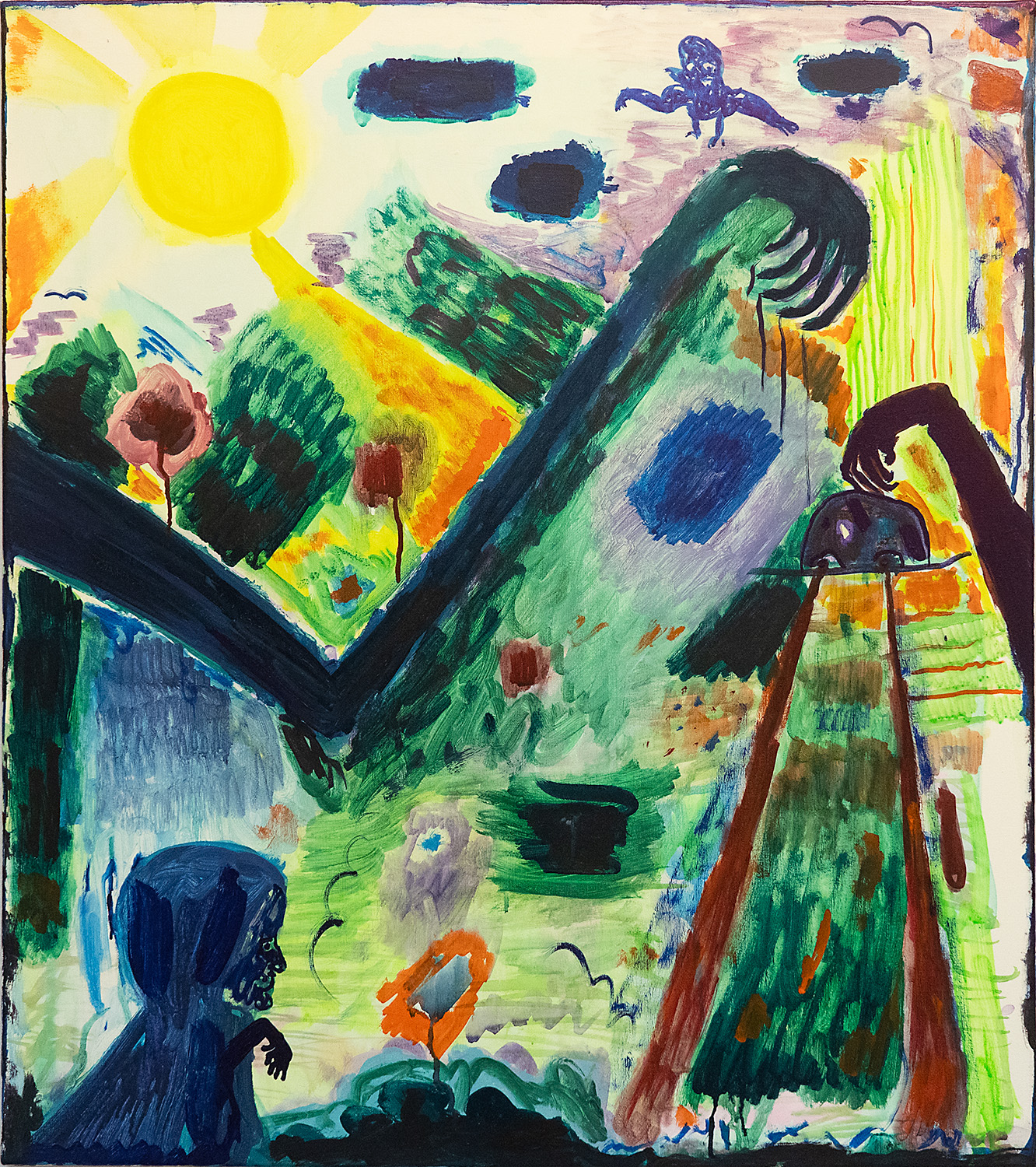 Auf die Straße schauen, an den Berg denken /  80 x 70 cm / watercolor, ink, acrylic on nettle / Andreas Lech 2023