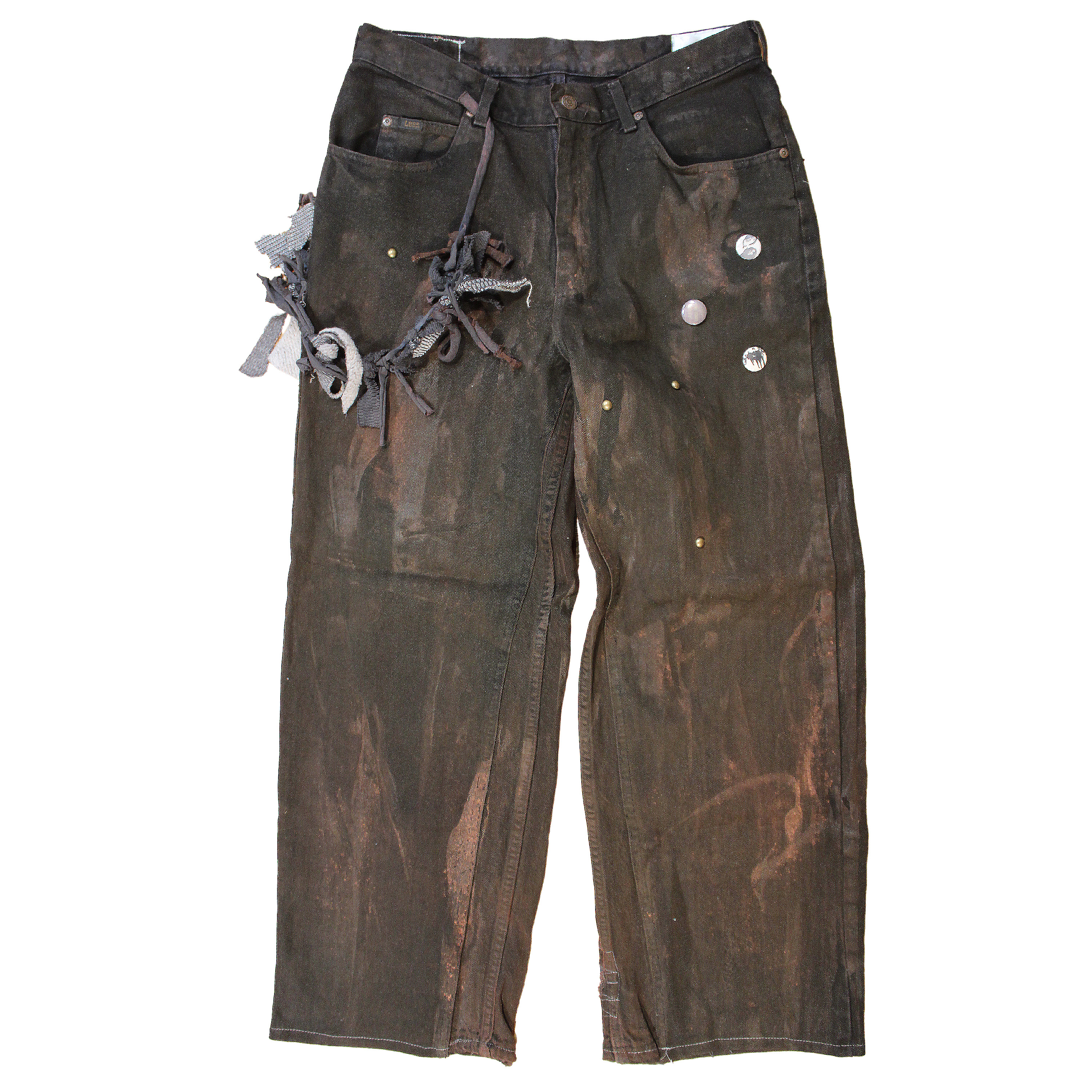 reclaimed vintage surplus denim screen printed with textile dye & various metals. tailored for straight/wide fit. fitted with custom keychain, scrap chain, and leather patches