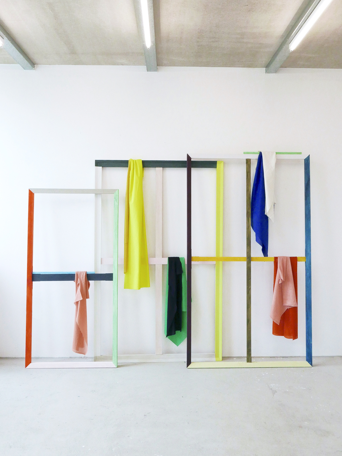 The slack shallows, 2022. Acrylic on wood, fabric. 205 h x 380 w cm. 