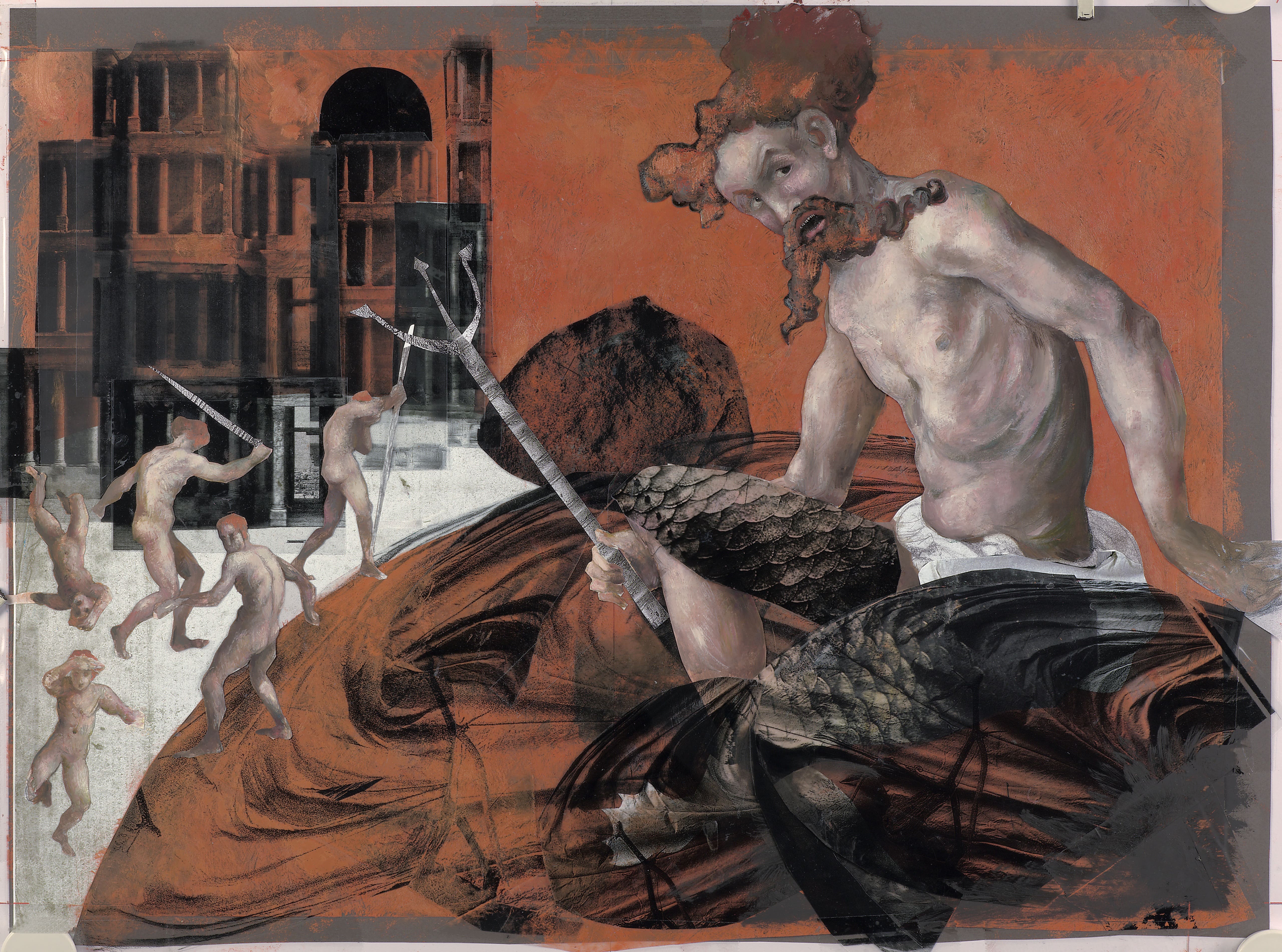 PoseidonOil paint on paper, collage with photo material, 50 x 60cmSerie: The Legend of Troy's Fall/Text: Franz FühmannPublisher: Hinstorff Verlag, Rostock, 2011