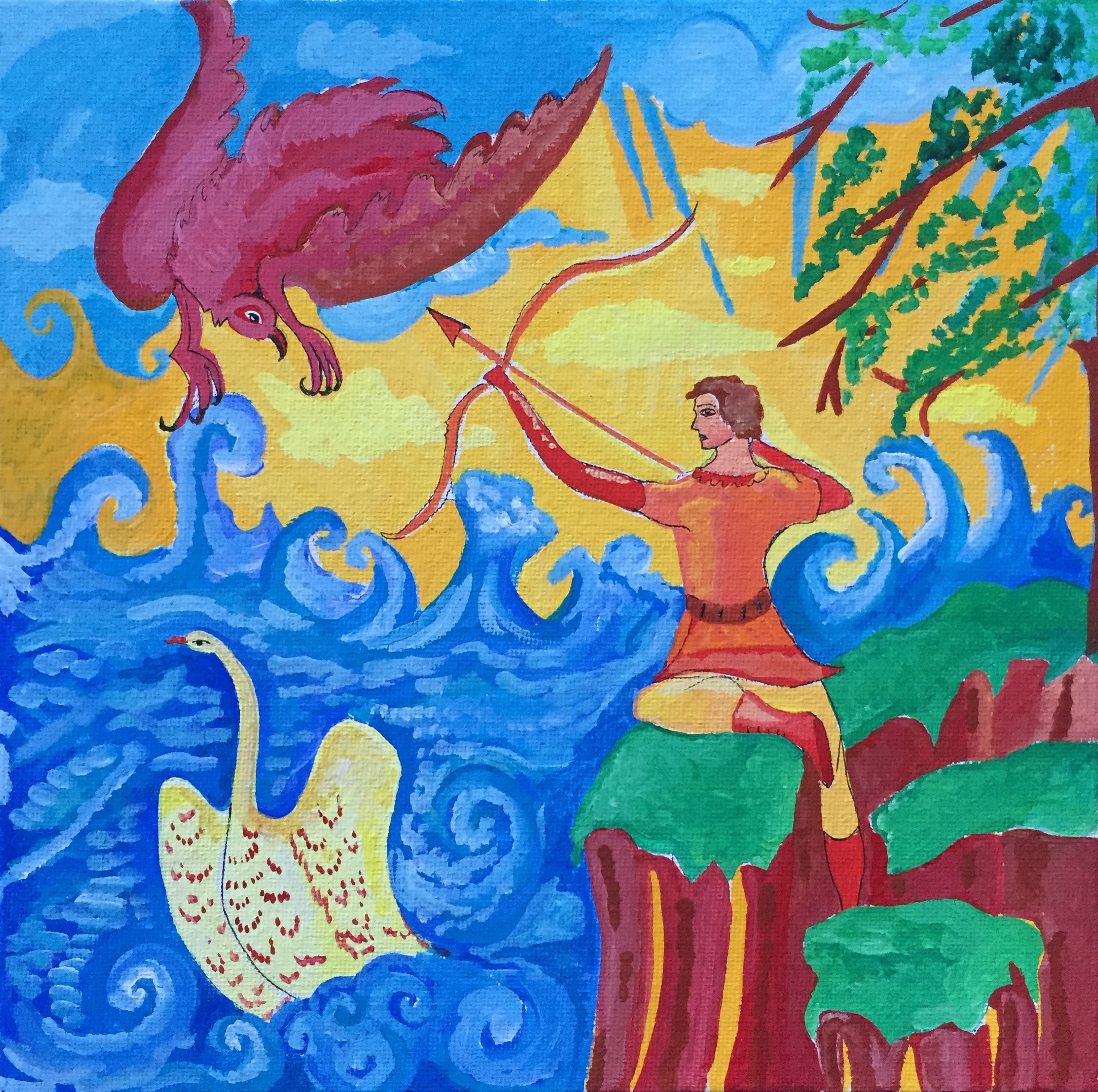 The Warrior Saves the Swan, 8 x 8 inches, Gouache, 2019.