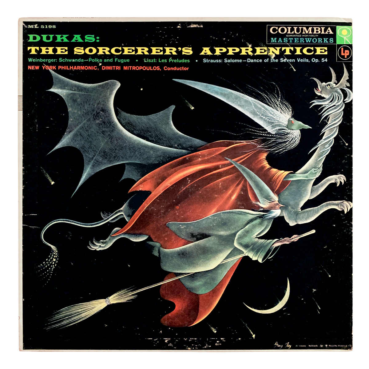 Columbia Masterworks ML 5198 Paul Dukas - L'apprenti sorcier | Jaromír Weinberger - Schwanda: Polka and Fugue | Franz Liszt - Les préludes | Richard Strauss - Salome: Tanz der sieben Schleier, Op.54 New York Philharmonic - Dimitri Mitropoulos Design: Gray Foy (credited)