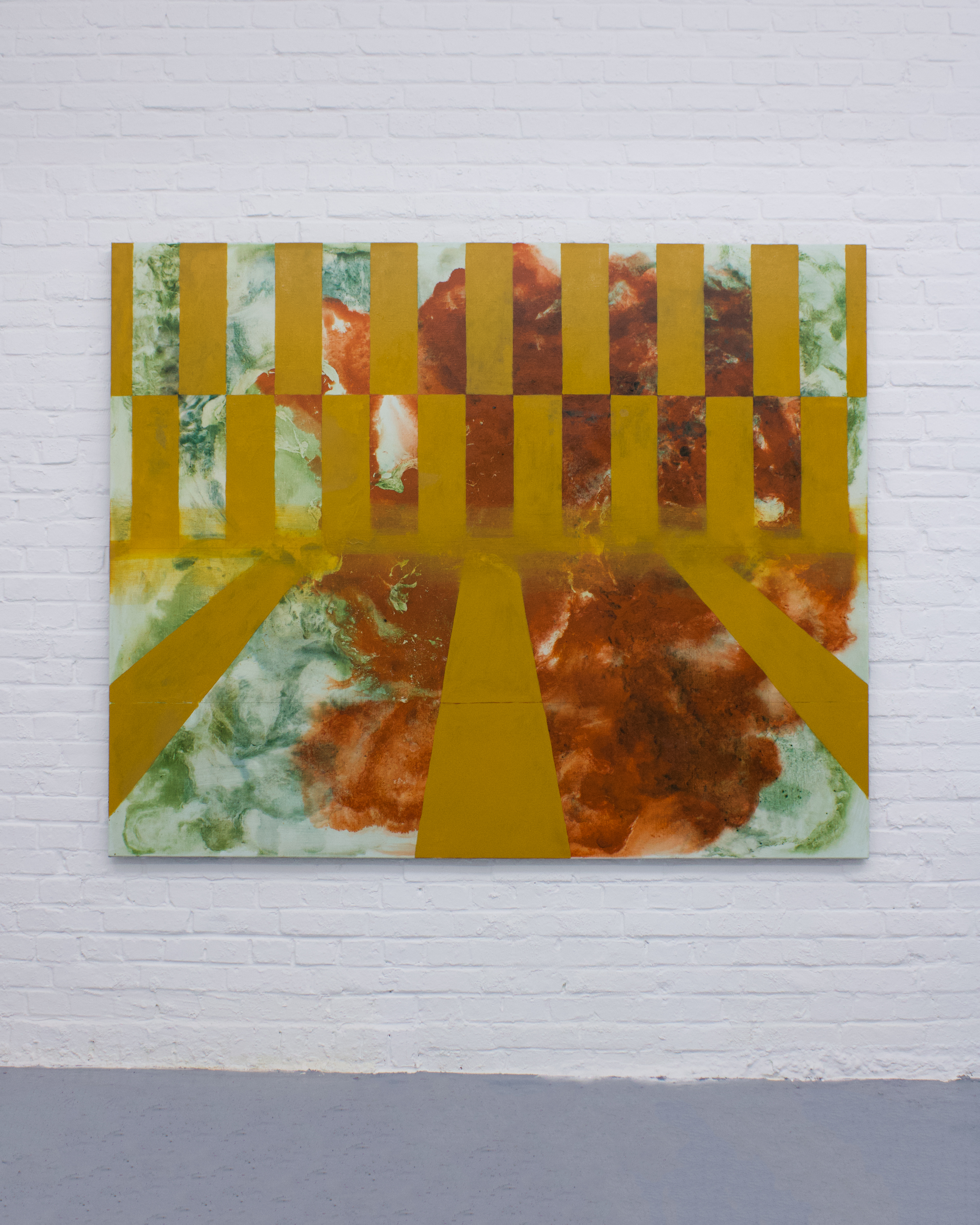 "Mars yellow, venise red and spirulina" egg yolk, flaxseed gel and oil on linen, 130x159cm, 2025