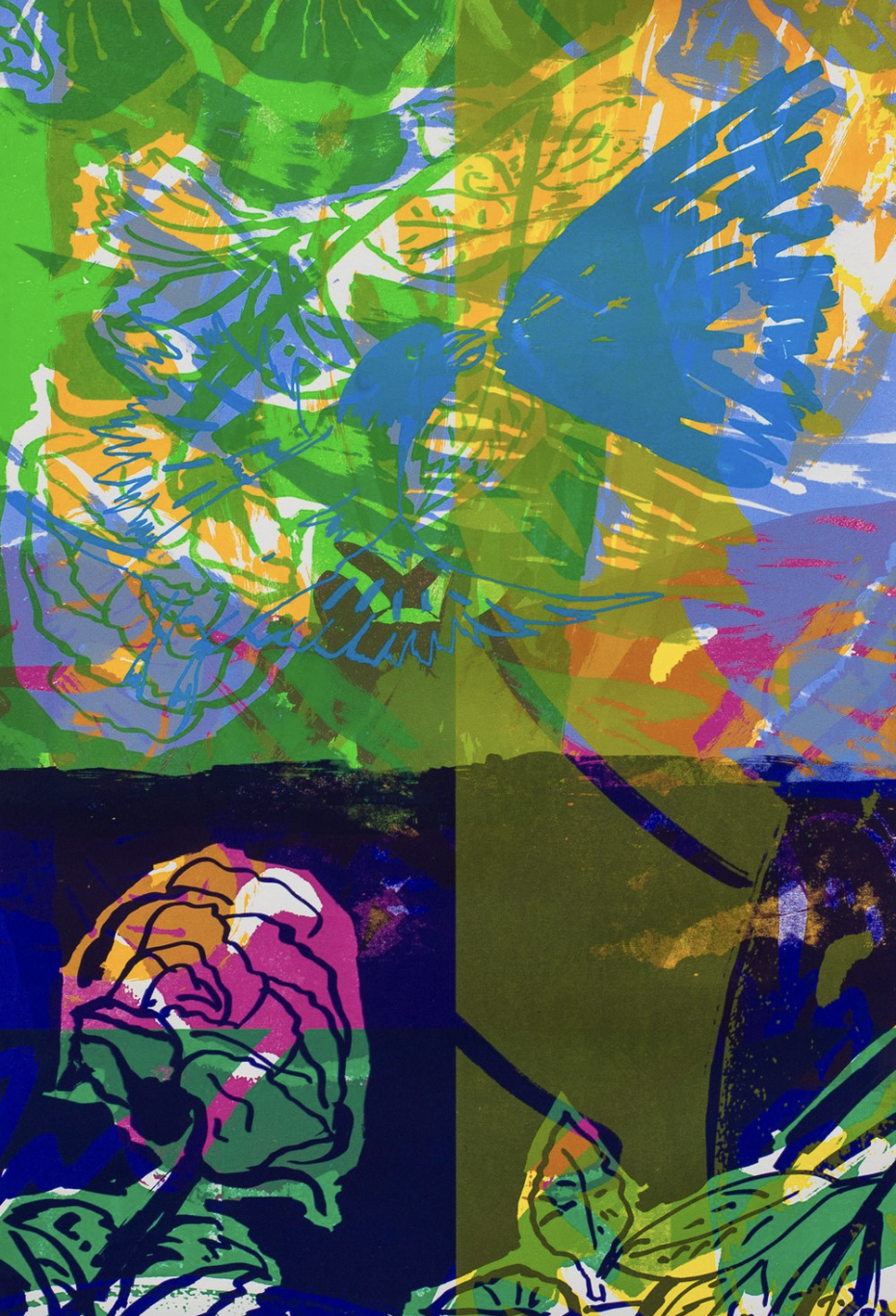 Fire Breathing Birds in the Garden. 02 2022. Screen print. 15” by 22”.