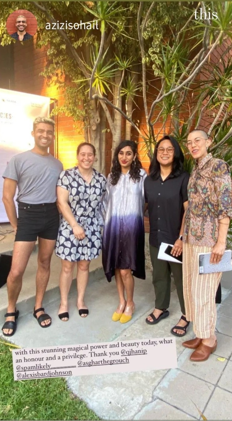 (From left) Aziz Sohail, Alexis Bard Johnson, Fatimah Asghar, Christine Imperial, Jhani Randhawa. ONE Archives at USC Libraries. May 2022.
