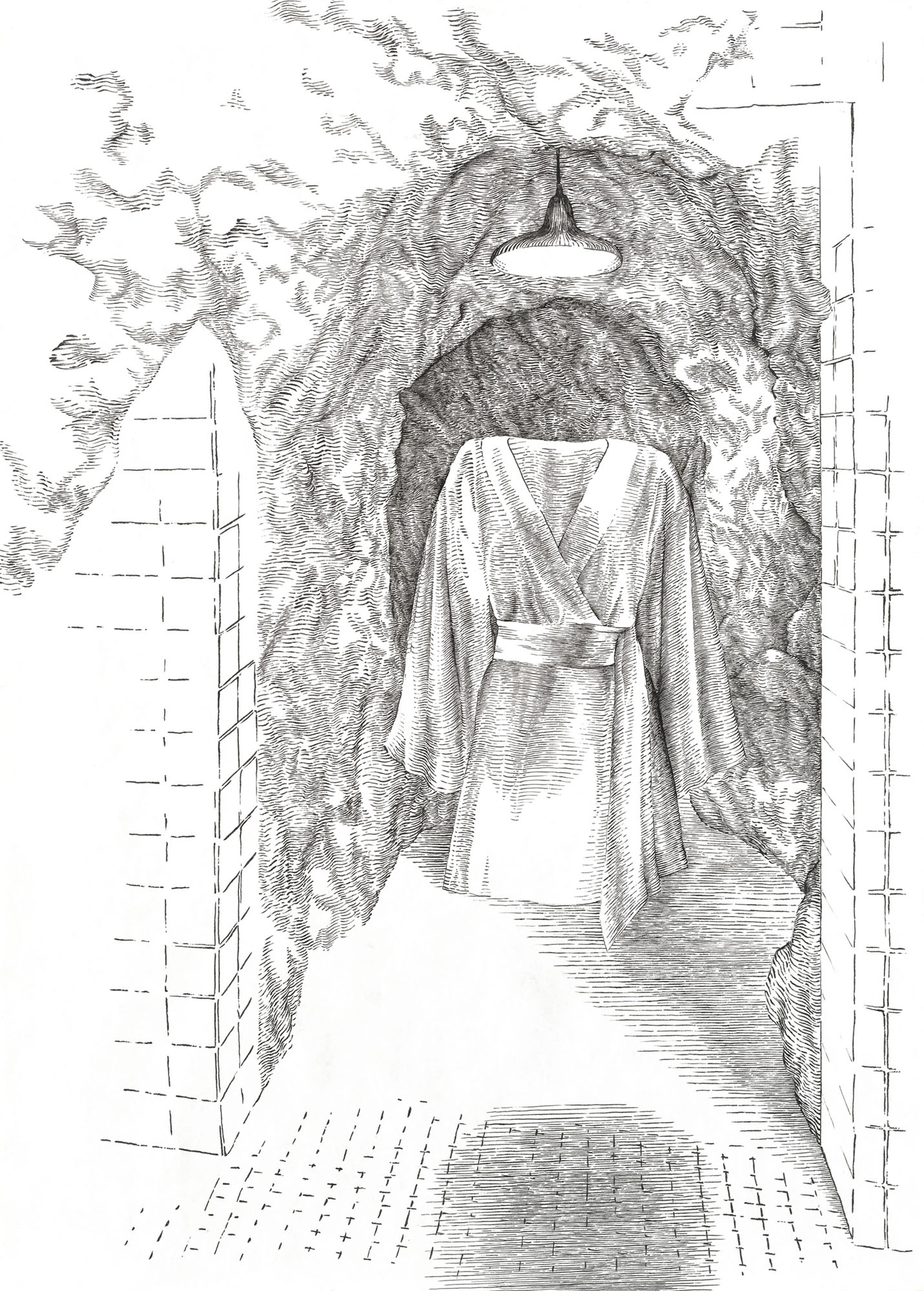 Cave/Cover, ink on Tyvek, 140 x 100 cm, 2021.