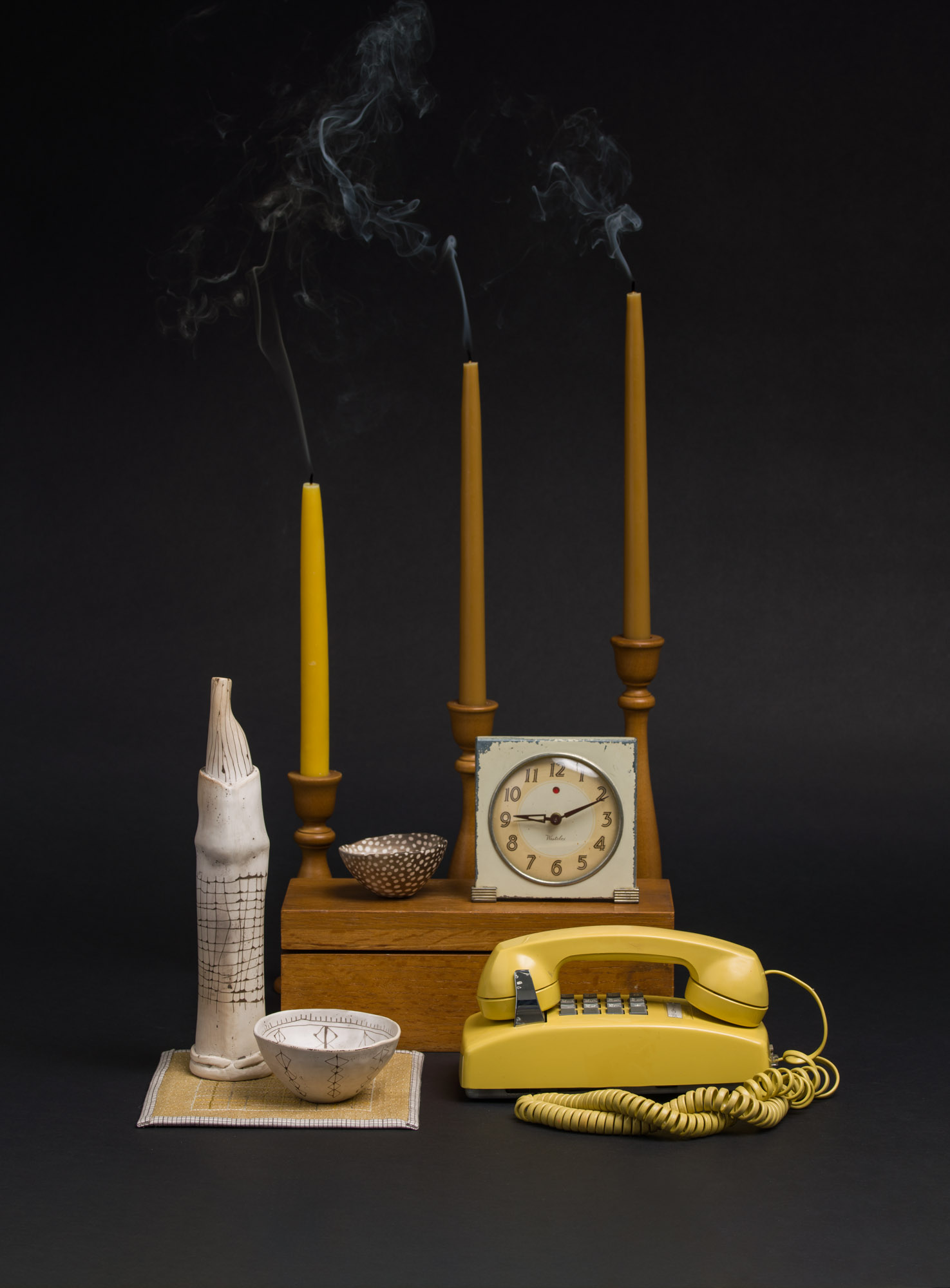 For Some Things There are no Wrong Seasons (I), 2021, handbuilt porcelain, smoke fired, with cotton, wool, found and altered objects, dimensions variable