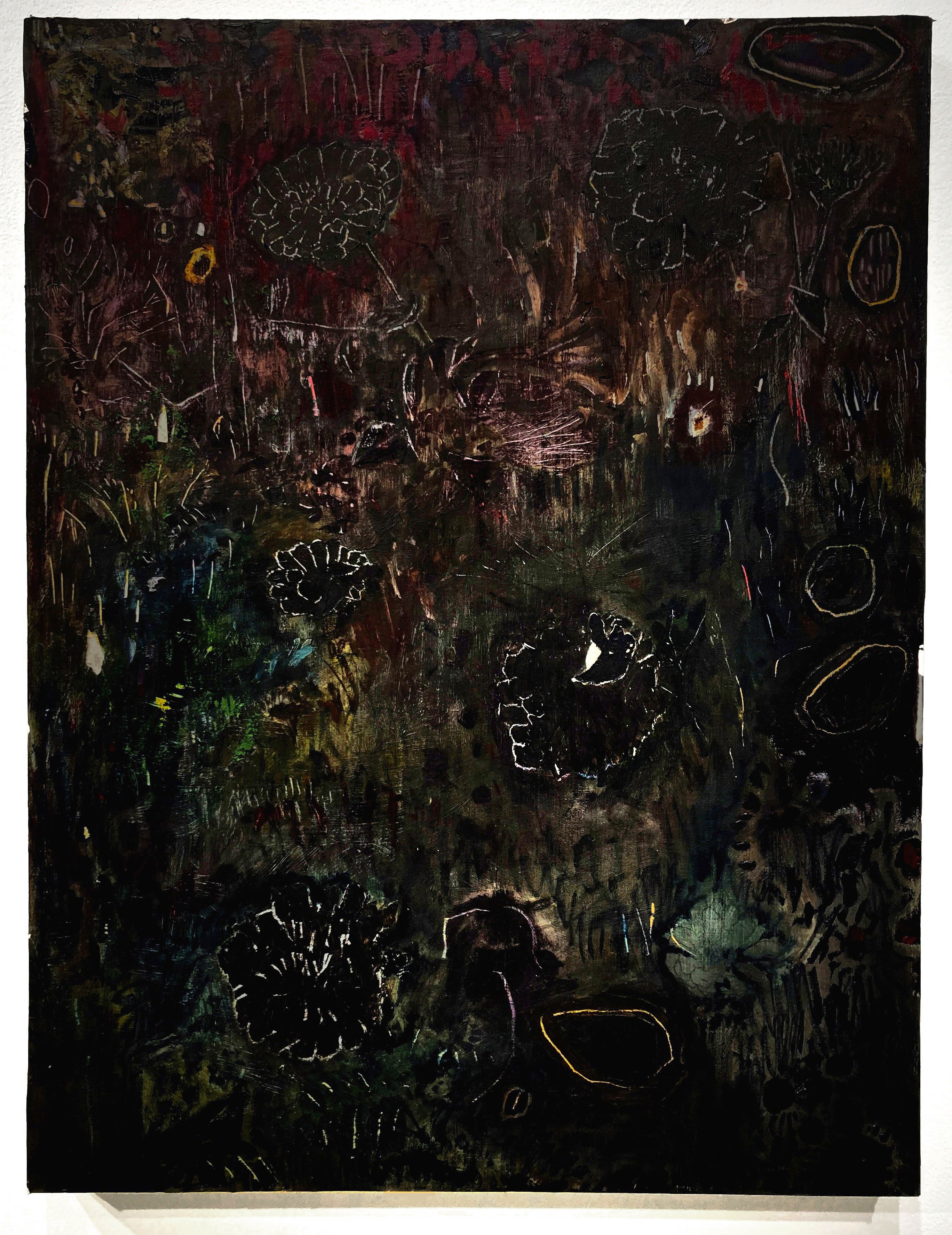 zinnias eating the moonlight20 x 27 inchesoil on paper on panel2021