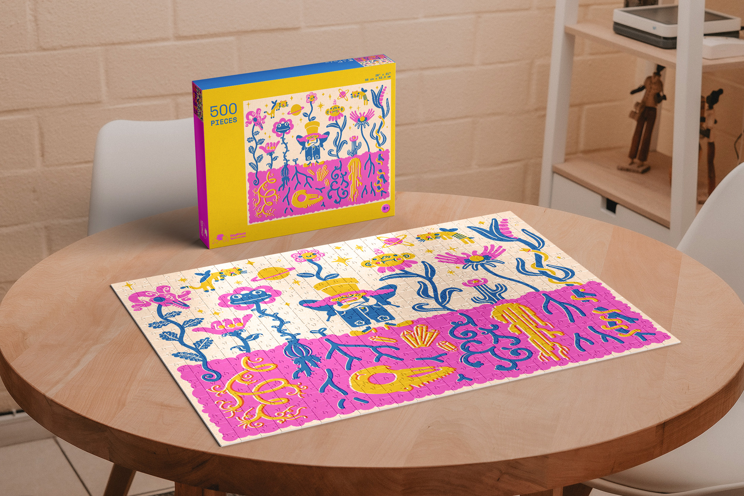 Completed puzzle with coinciding box on table