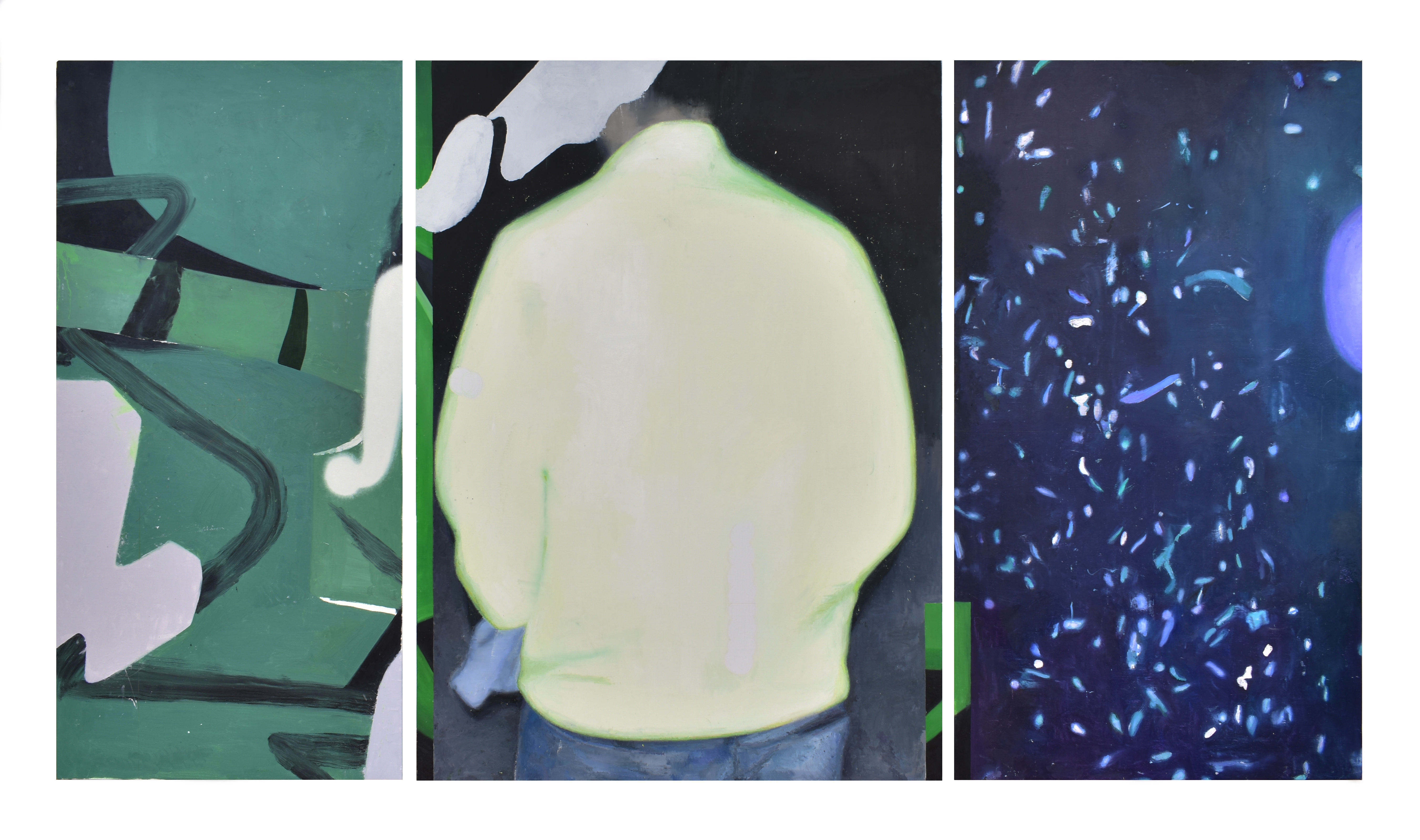 S/T (IV), oil on canvas, 220 x 400 cm, (left: 220 x 110 cm, central: 220 x 160 cm, right: 220 x 130 cm) 2023