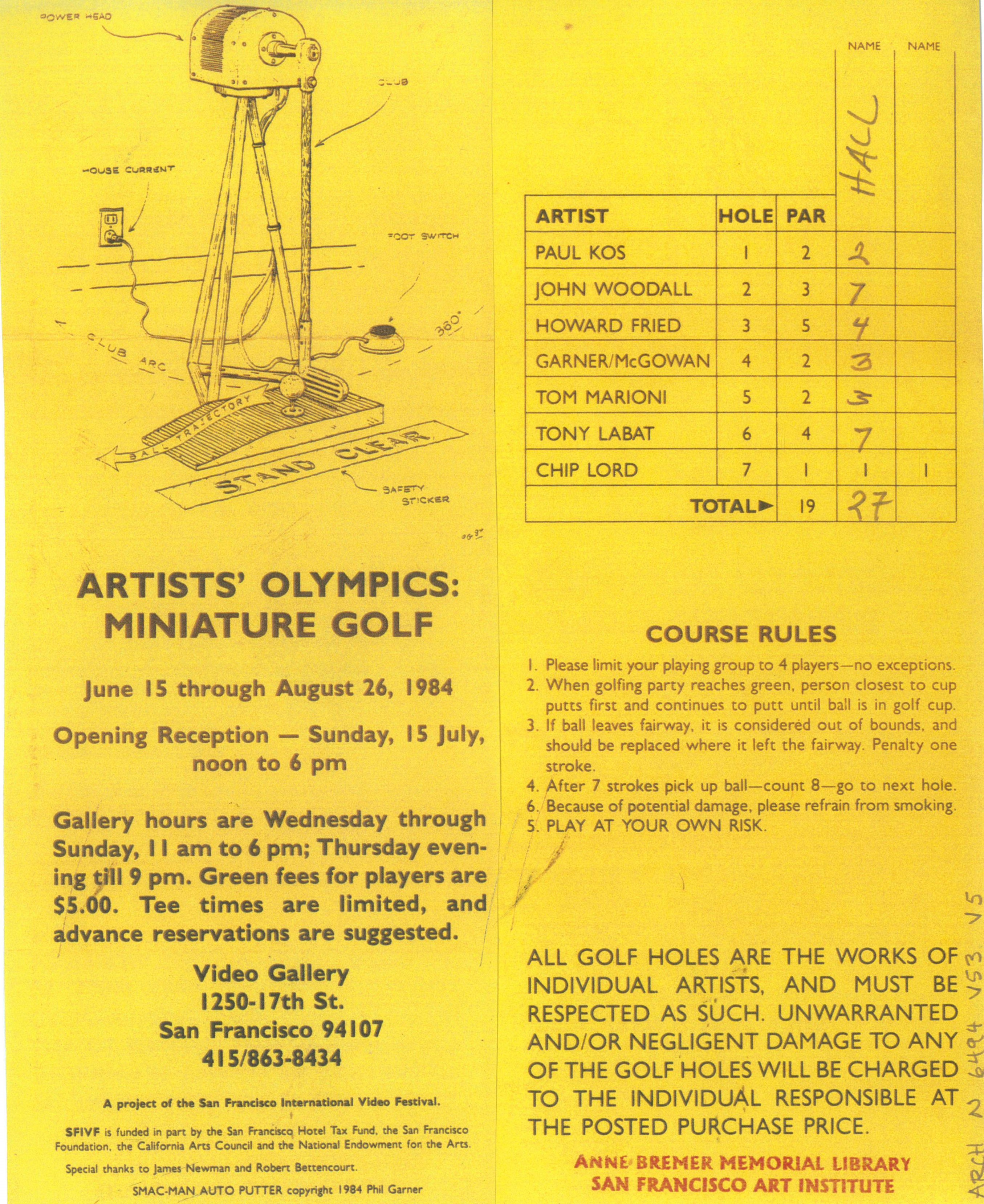 Steve Seid speaks of the reach of golf, SFAI, and local artists:  “One of the best shows in the Potrero Hill location was a nine-hole golf course [Artists’ Olympics: Miniature Golf, 1984] with Howard Fried, Paul Kos, Tony Labat, Chip Lord, Phil Garner, and a few others. Howard’s piece was pure sculpture, white instead of green felt, with no hole—a beautiful thing on the ground. Paul, in the corner of the gallery, had a 10-by-10-foot square of ice on a slight pitch melting in a specific direction. You were allowed to putt if you wore crampons. I loved that show.”