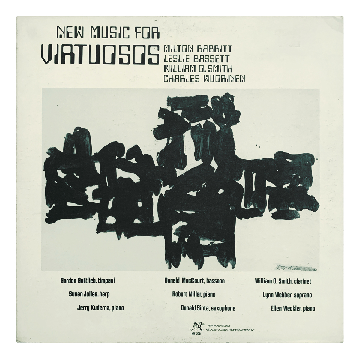 New World Records NW 209 Milton Babbitt - Phonemena for soprano and piano; Phonemena for soprano and tape; Reflections; Post-Partitions | Leslie Bassett - Music for saxophone and piano | William O. Smith - Fancies for clarinet alone | Charles Wuorinen - Bassoon Variations Various artists Design: David Smith (artwork)
