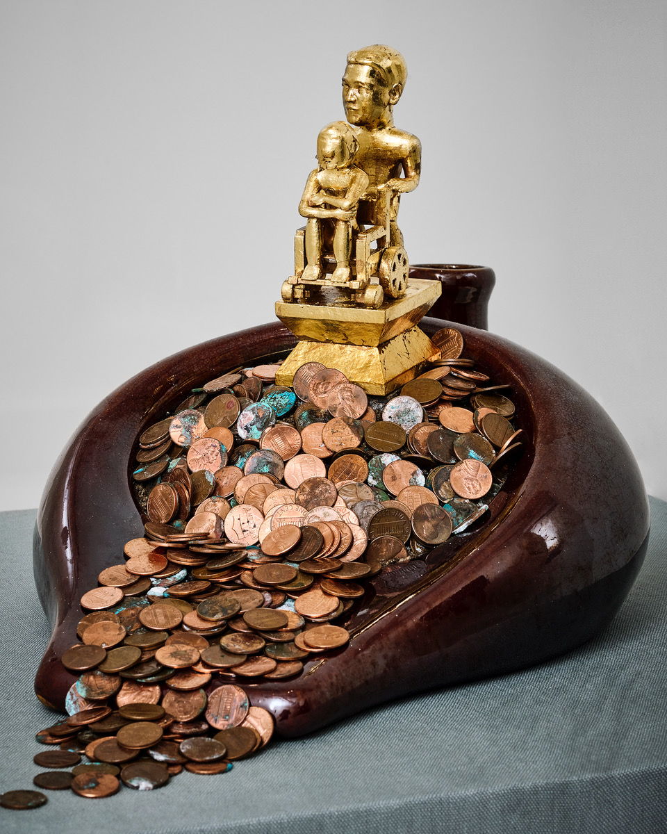 Abang-guard  (Jevijoe Vitug+Maureen Catbagan), Care Guardian, 2023, 3D printed resin, coins, and porcelain, 16.5 x 11.5 x 10 inches. Photo by Go Sugimoto.