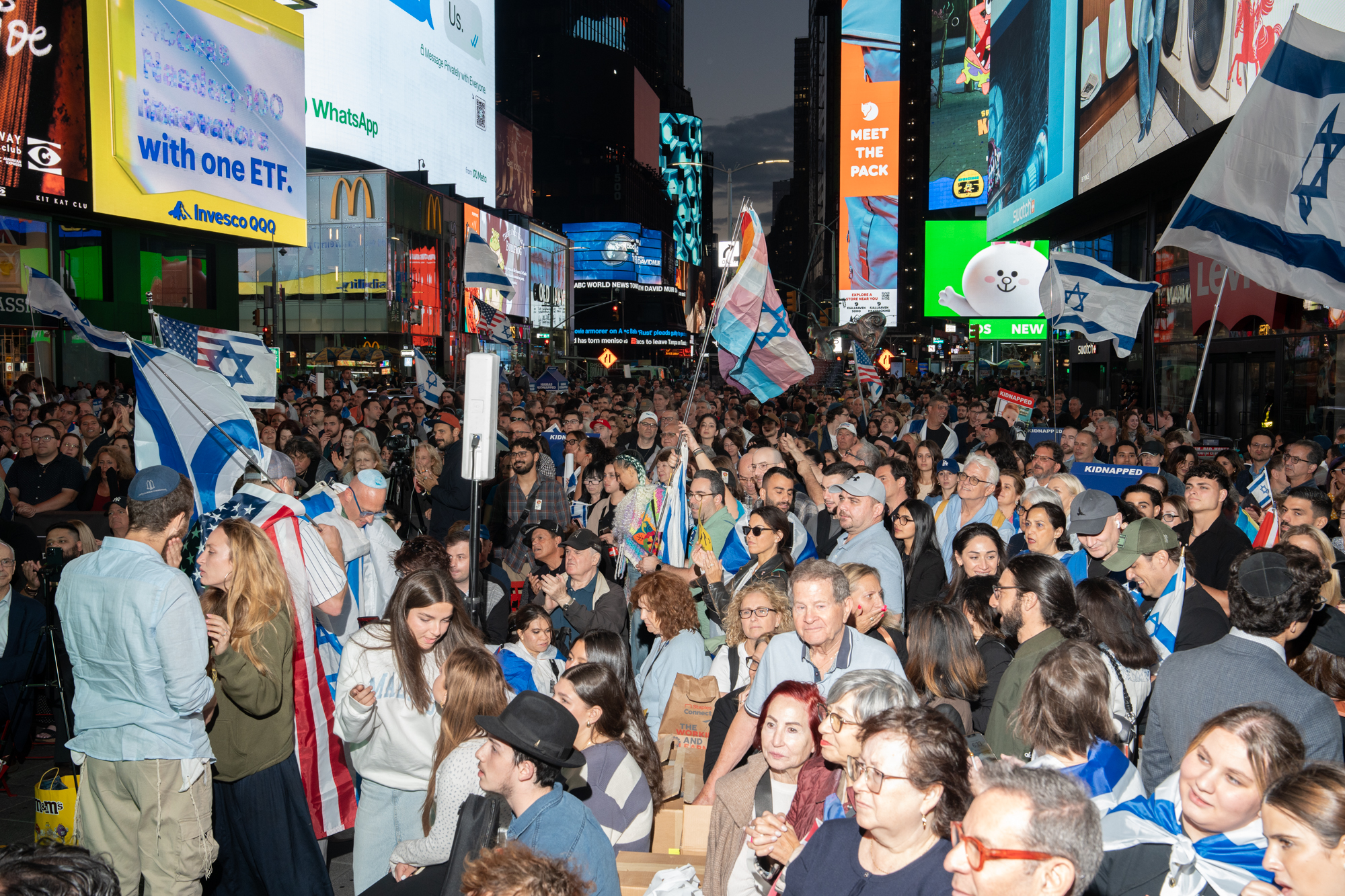 On the one year anniversary of the Oct. 7 attacks, hundreds of New Yorkers attended a rally in Times Square organized by World Values Network to honor the victims and call for the return of hostages. Oct. 7, 2024.
