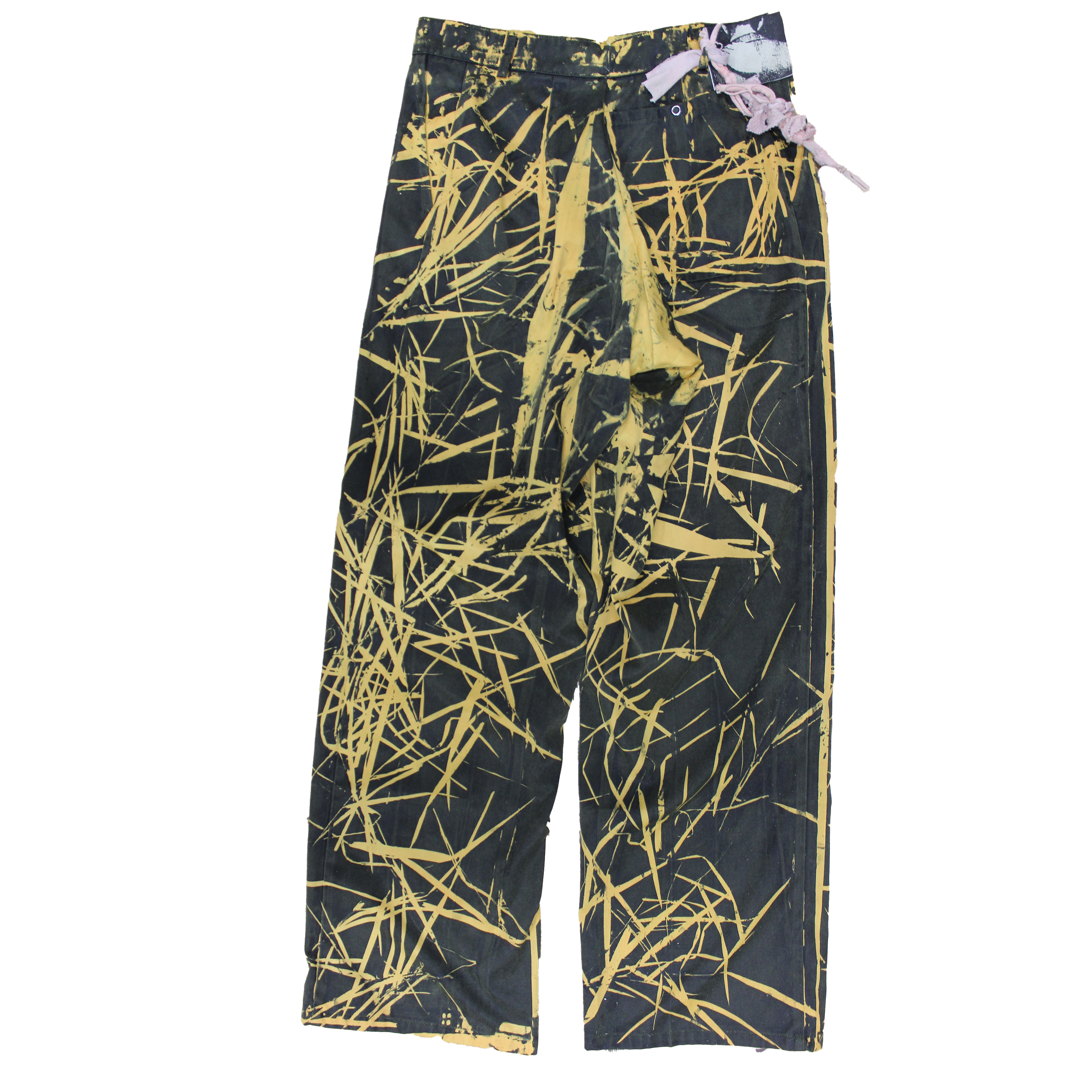 reclaimed vintage surplus denim screen printed with textile dye & grass resist. tailored for straight/wide fit. fitted with custom keychain, scrap chain, and leather patches