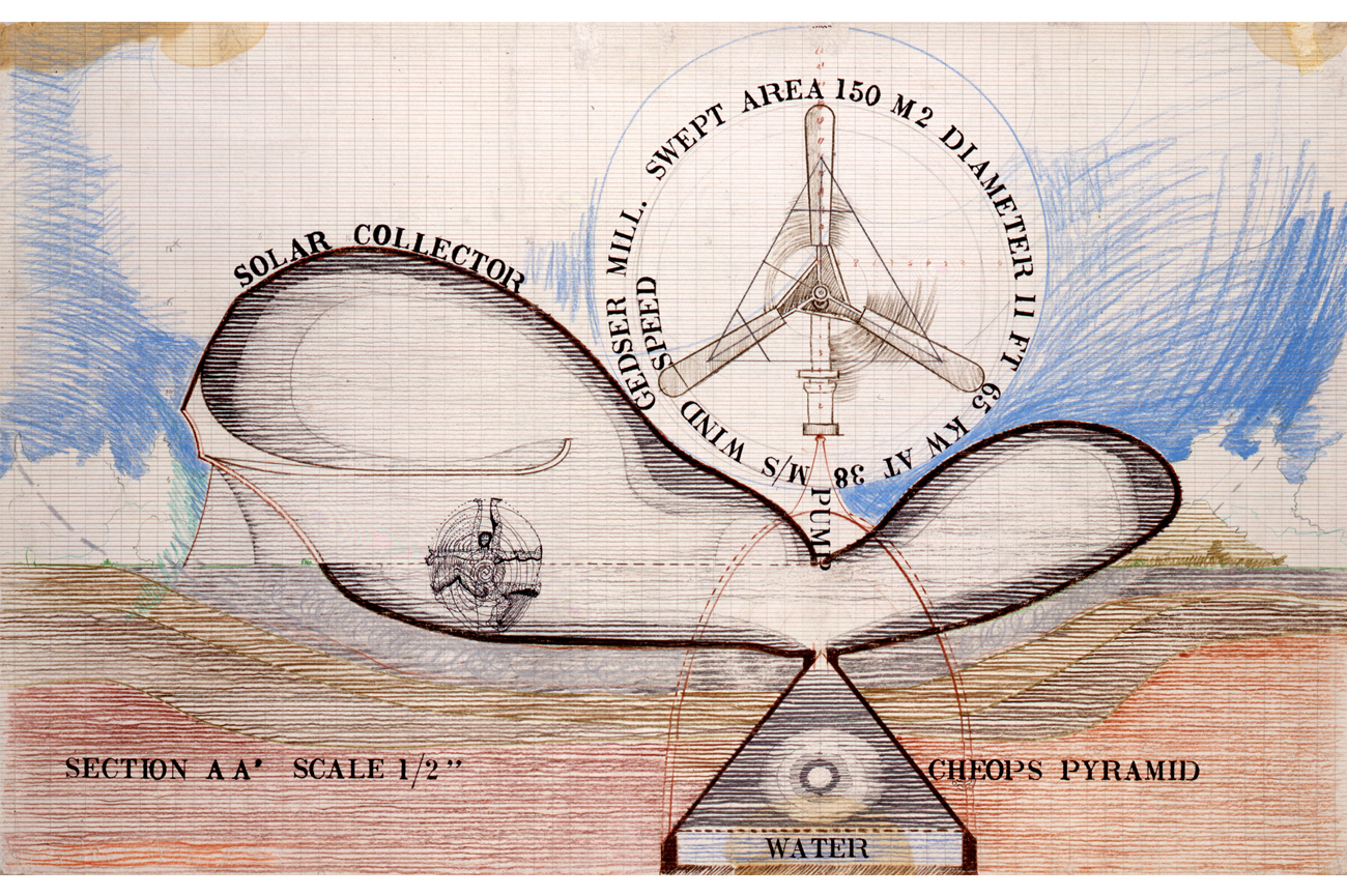 Juan DowneySection AA' scale ½ de la serie "Mi casa en la playa", 1975Grafito y lápices de colores sobre papel84.46 x 117.79 cm