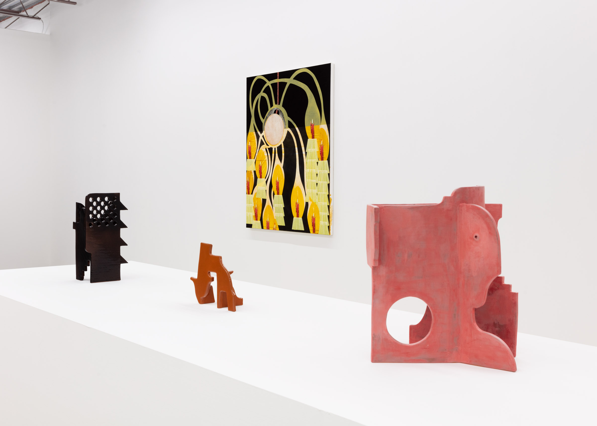 L to R: Alex Morrison Lantern 2020 Glazed and fired ceramic, Alex Morrison Untitled 1 2022 Glazed and fired ceramic,  Veronika Pausova Core Temperature 50” x 41” Oil on Canvas 2022,Alex Morrison The Model 2020 Clay, glazes