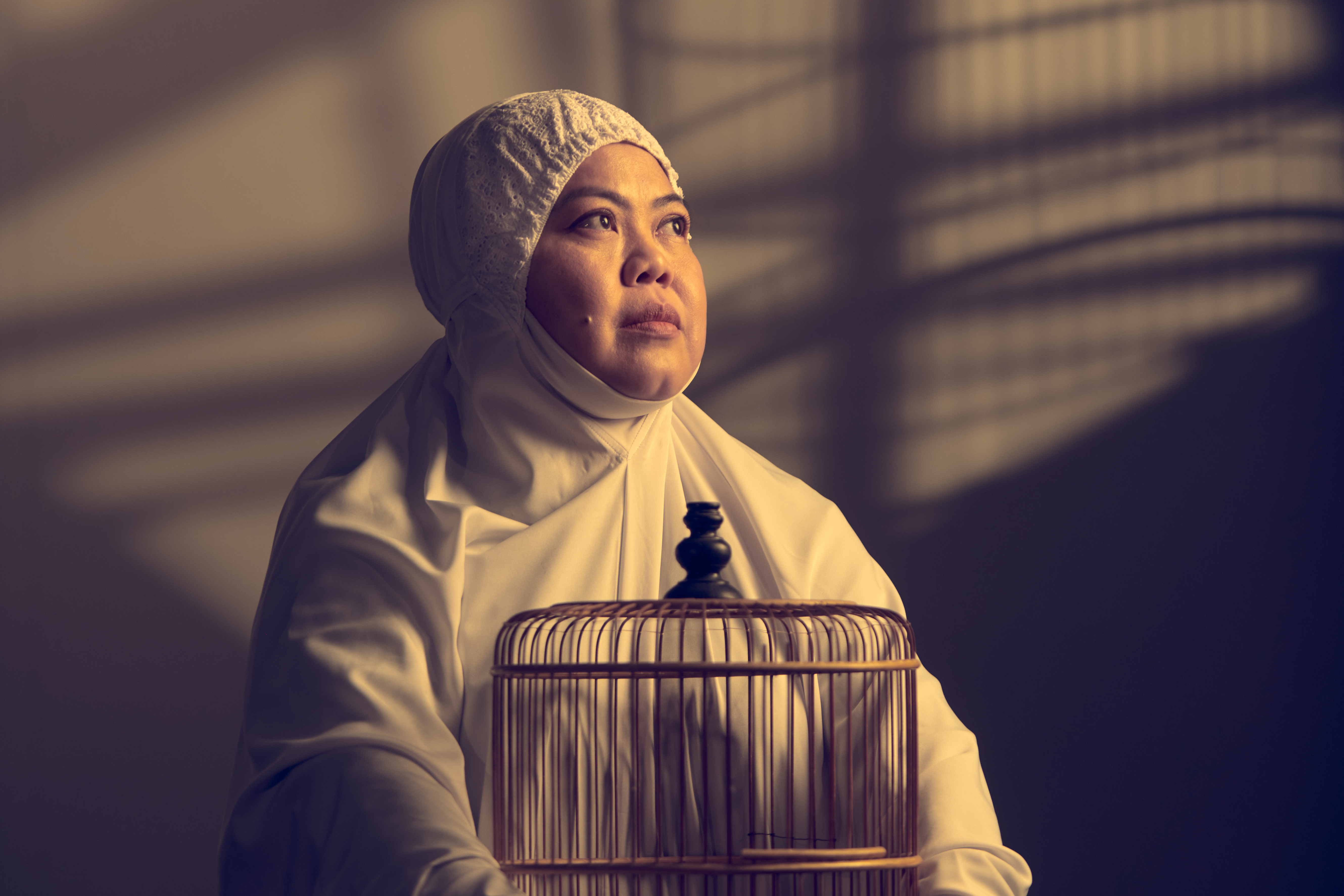 Image 5 of 5: A Muslim woman gazing upwards while holding an empty bird cage