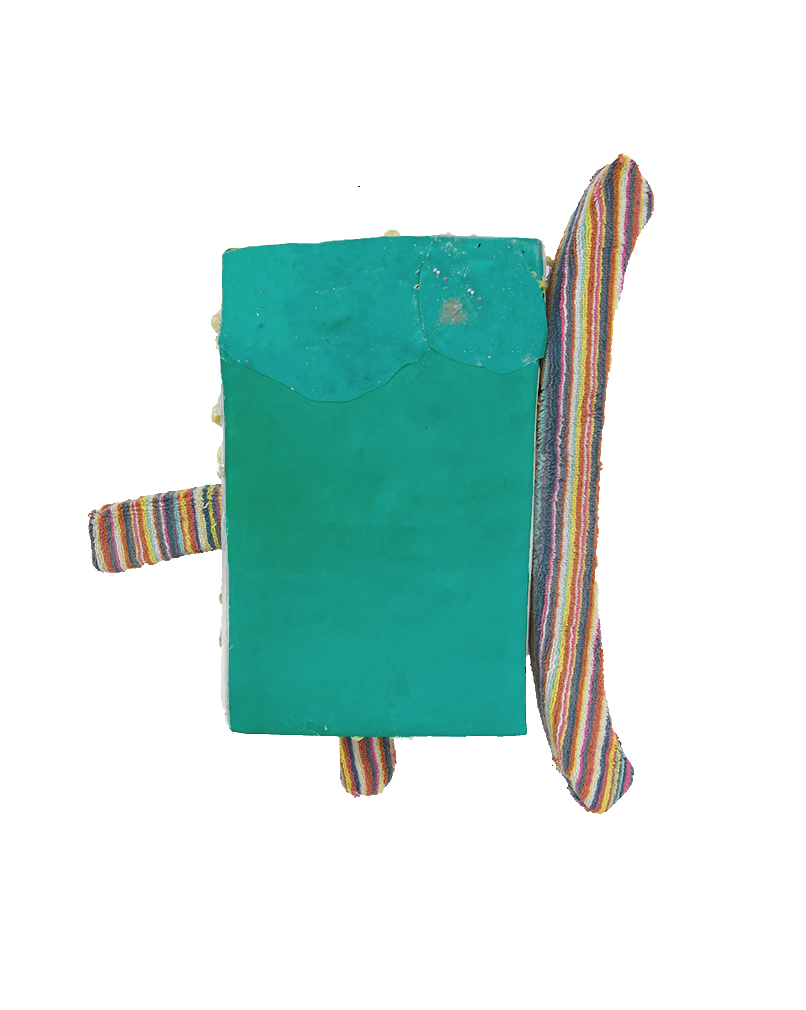 Jamey Hart, Must, 2019, Rubber glove, windshield glass, tape, fabric, cheesecloth, glues, resin, wood, other things, 11 x 19 x 5 in. $1,500